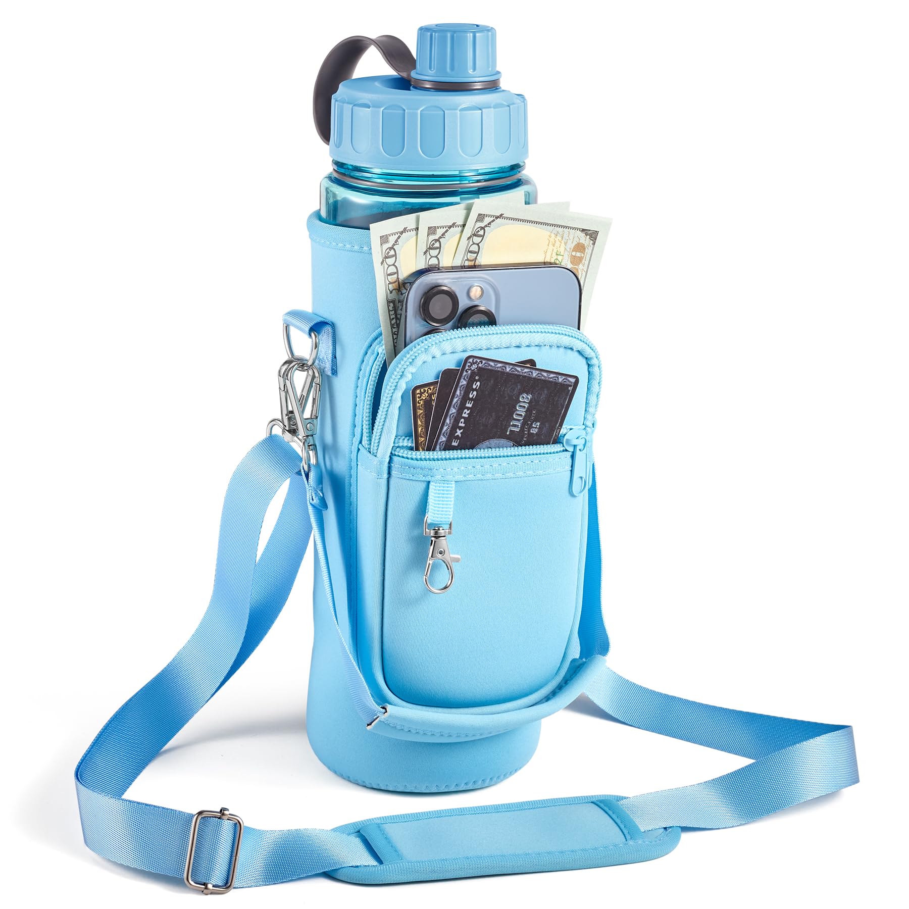 Noxgifix Water Bottle Holder with Strap,Water Bottle Bag,32/40 oz Large Capacity,Adjustable Shoulder Hand Strap,2 Phone Pocket Water Bottle Holder,
