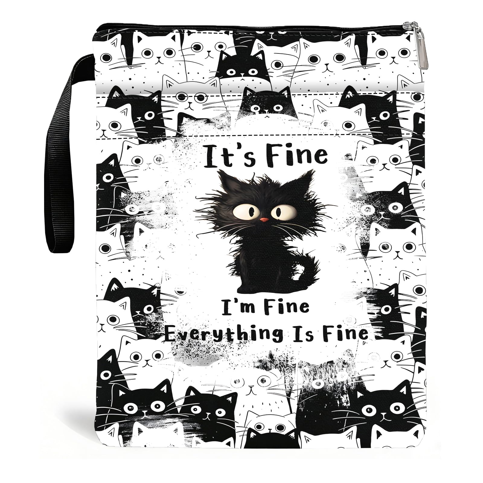 Book Sleeve, It's Fine Black Cat Book Pouch, I'm Fine Book Protector Sleeve, Everything is Fine Waterproof Book Cover for Paperbacks with Zipper and Rope, Funny Bookish Gift for Readers & Cat Lovers