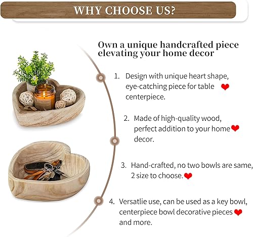 Miniatura 7 de Hanobe Cuenco decorativo de madera para masa cuencos grandes en forma de corazón para decoración cuenco de madera para centro de mesa, natural de 10