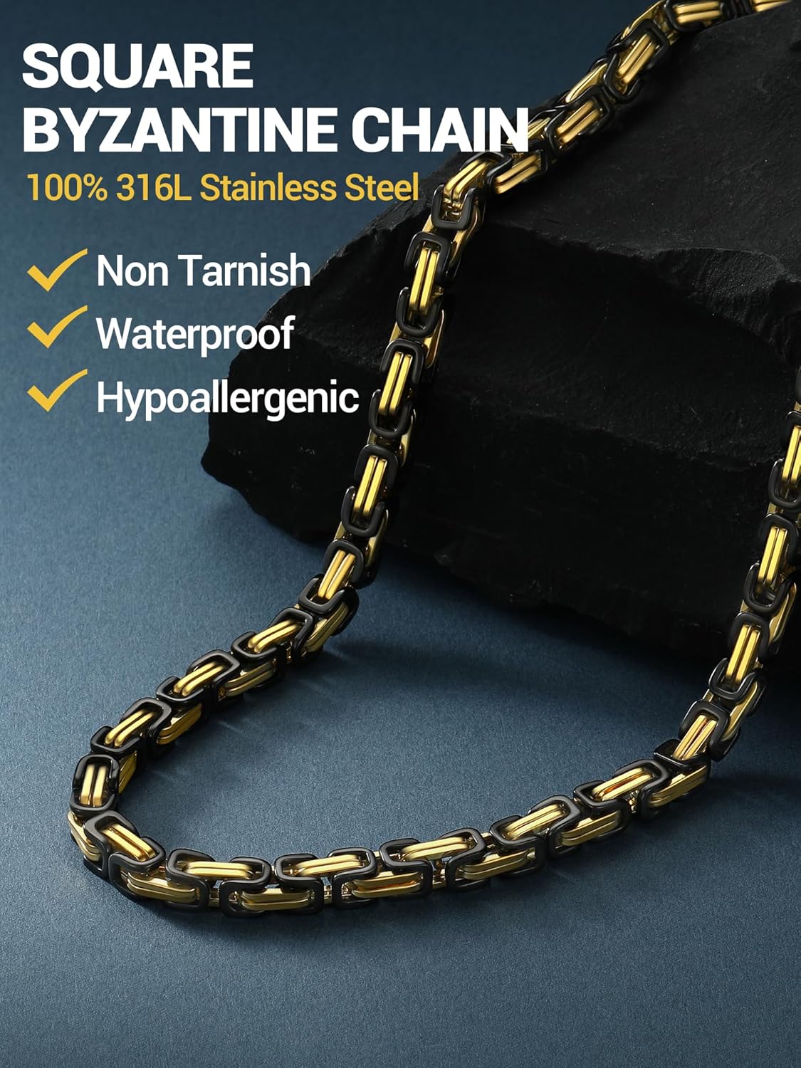 PROSTEEL 4MM/6MM/8MM Stainless Steel Necklace for Men Women, Stylish and Cool, Byzantine Chain Black Gold Silver Tone, 18-30 Inches, Come Gift Box - Image 4