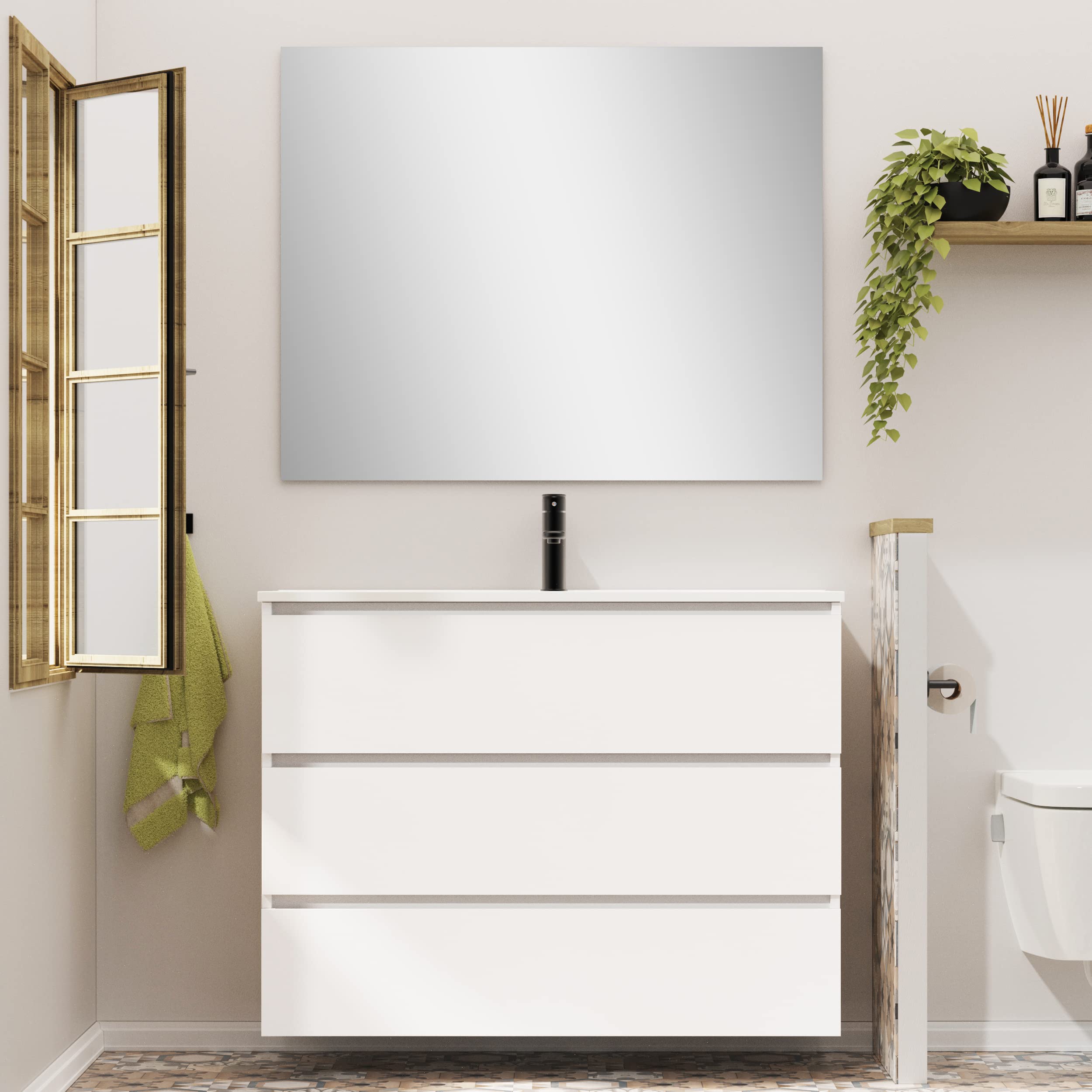 Baikal | Conjunto Completo de Mueble de Baño Suspendido a la Pared con Lavabo Cerámico y Espejo | Tres Cajones, Cierre Amortiguado, Melamina 16mm | Mueble MONTADO | Blanco Mate | 100cm