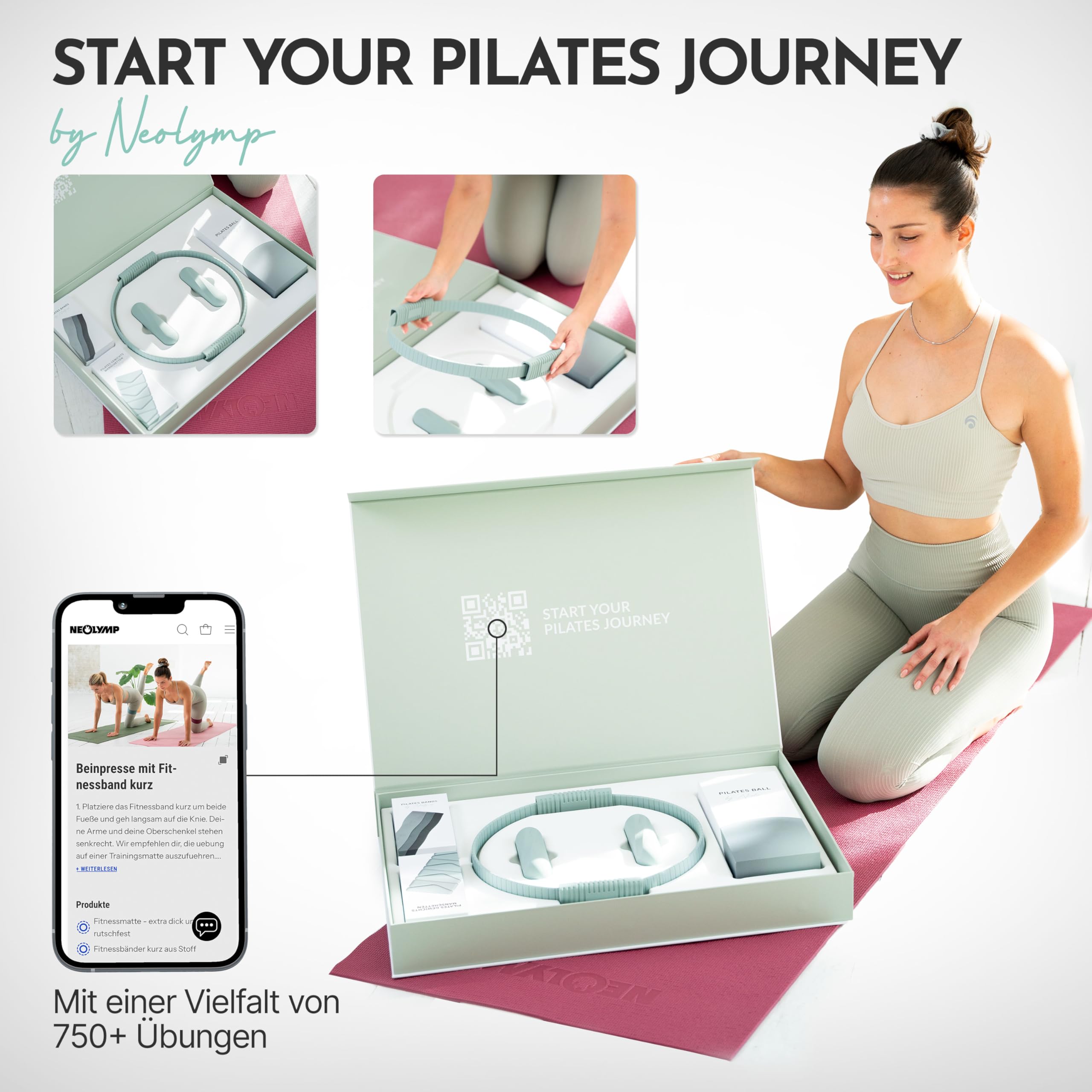 NEOLYMP Pilates Set für Zuhause – Pilates Ball, Pilates Ring & Gewichte – Komplettes Pilates Zubehör Set – inkl. Pilates Bänder, 1kg Hanteln & E-Book – Pilates Essential Kit