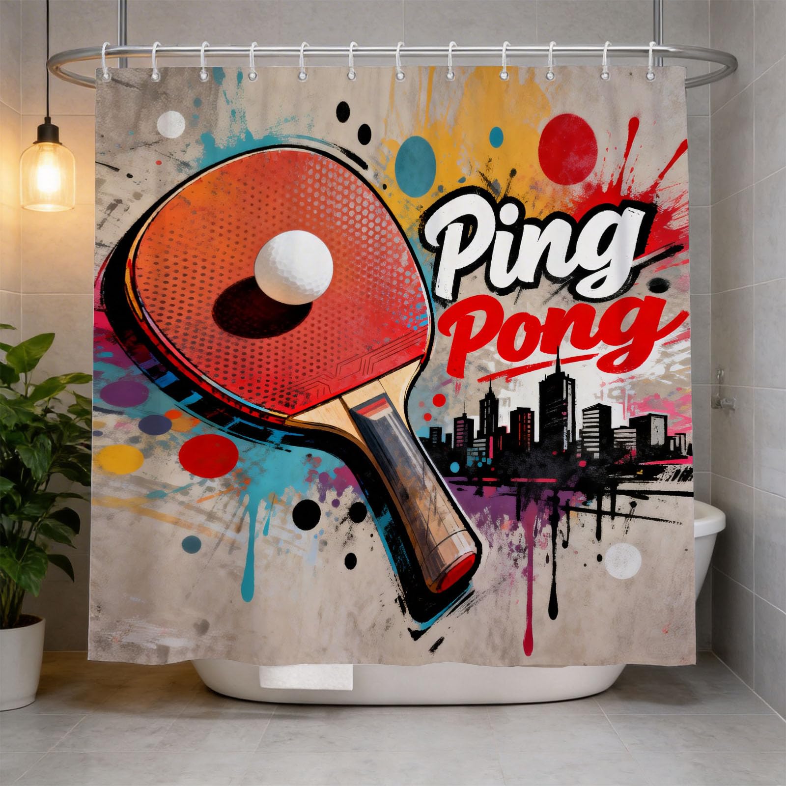 Hongduo 3D Table Tennis Racket Shower Curtain for Stalls Bathtubs City Silhouette Bathroom Decor Shower Curtain Set Polyester Fabric Waterproof 120x180cm/48X71 Inch with Hooks
