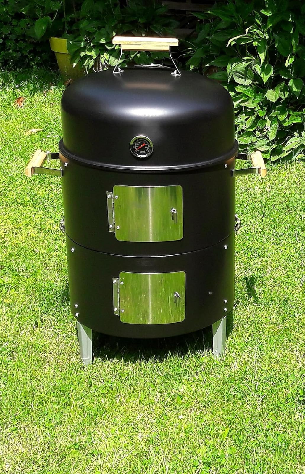 Barbecue fumoir de 17-1/2" avec couvercle, thermomètre intégré, aération et portes d'accès, deux couches, barbecue multifonction avec 3 poignées en bambou, idéal pour les fêtes, le camping