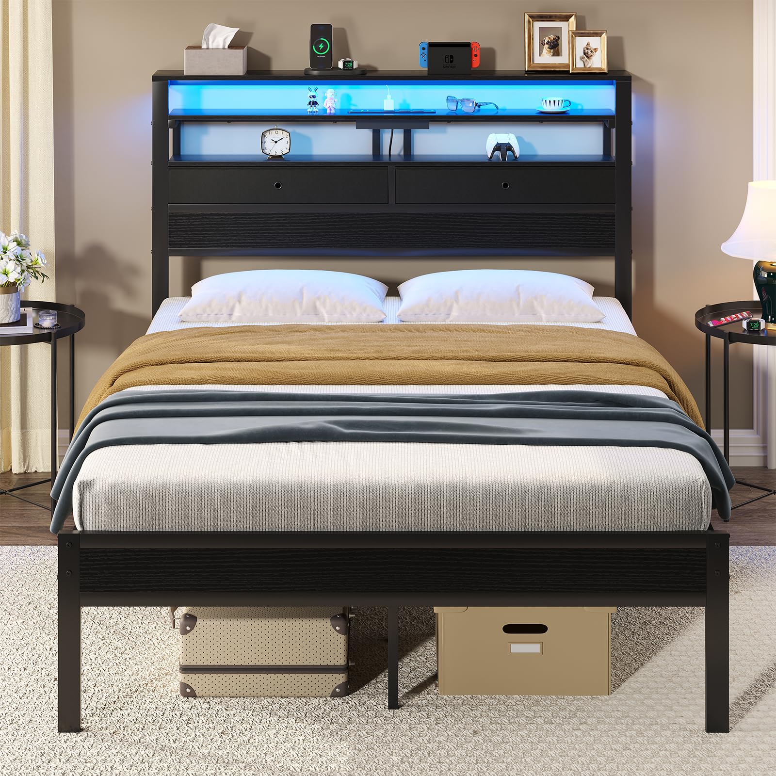 Sweetcrispy Queen Bed Frame with LED Lights and Charging Station