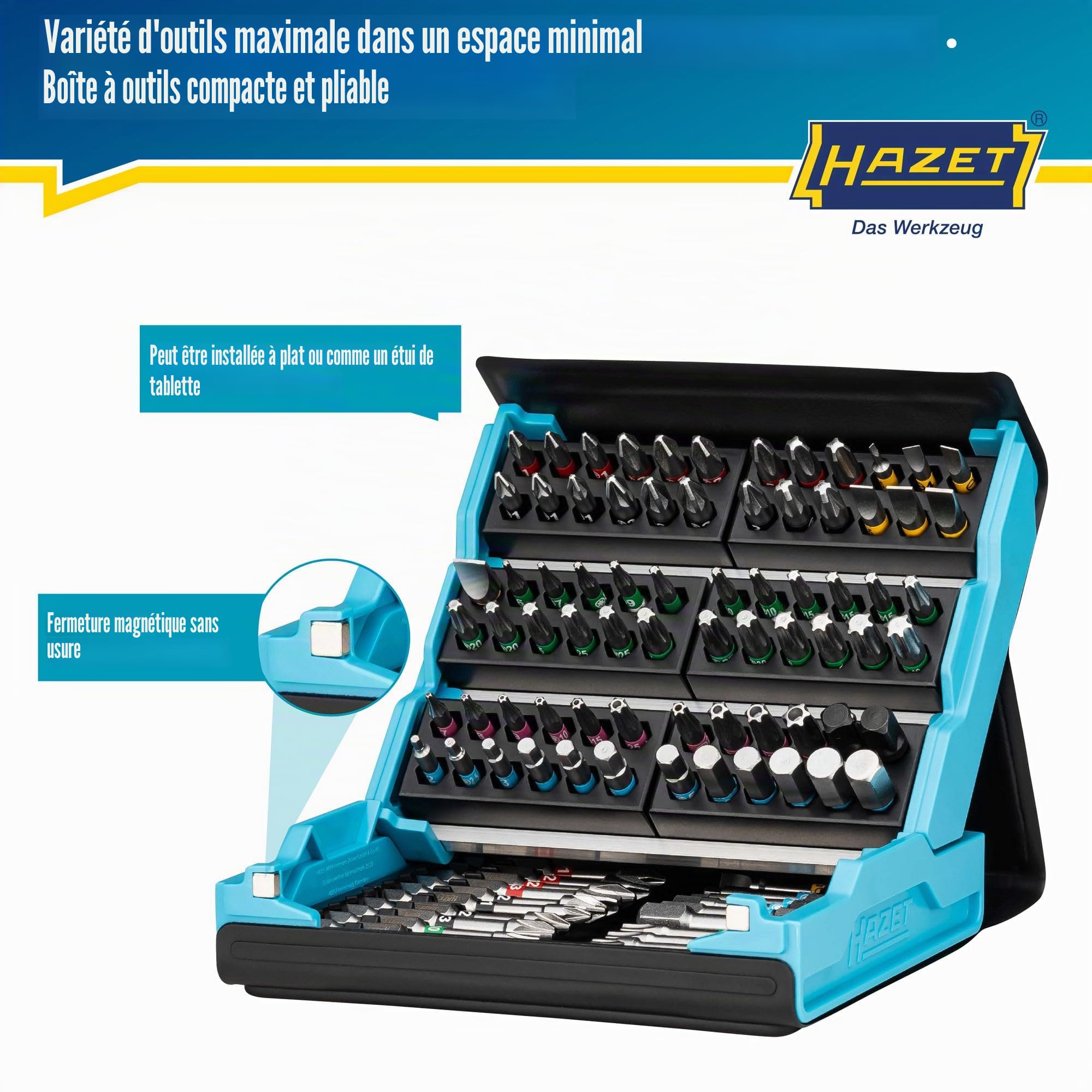 HAZET Smartcase Jeu d'embouts 2200SC-3 I 96 pièces, entraînement : 1/4 pouce, un maximum d'outils dans un minimum d'espace pour une meilleure vue d'ensemble I Jeu d'outils pliable