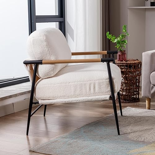 Miniatura 8 de DUOMAY Silla decorativa moderna Mid-Century, cómoda silla de sherpa para sala de estar, dormitorio, oficina, sillón de respaldo medio con patas de