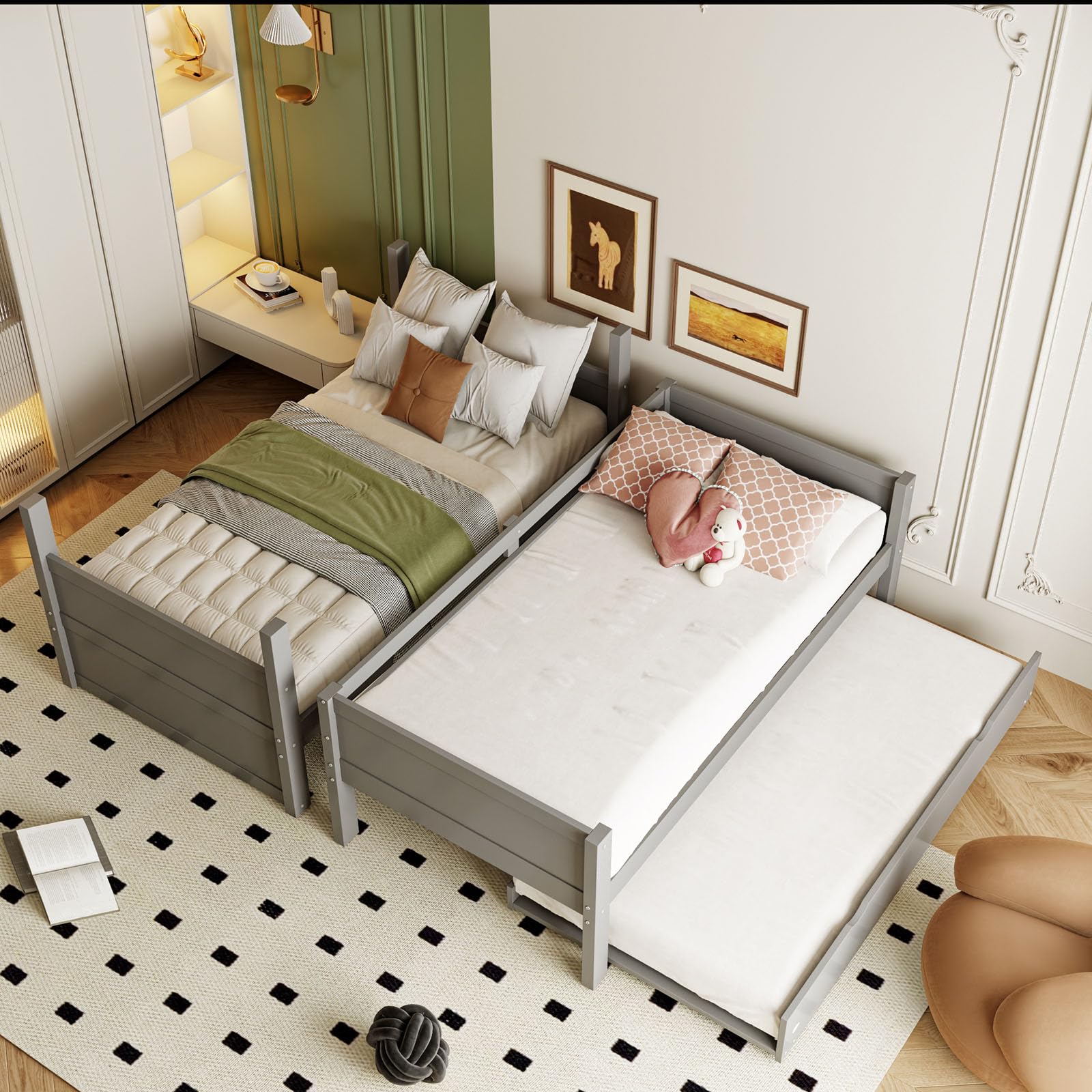 DHHU Lit superposé en Bois 90x200 cm 3 en 1 Convertible avec lit gigogne, barrière sécurité, échelle, sommier Lattes, Design scandinave, Chambre Enfant ado invité
