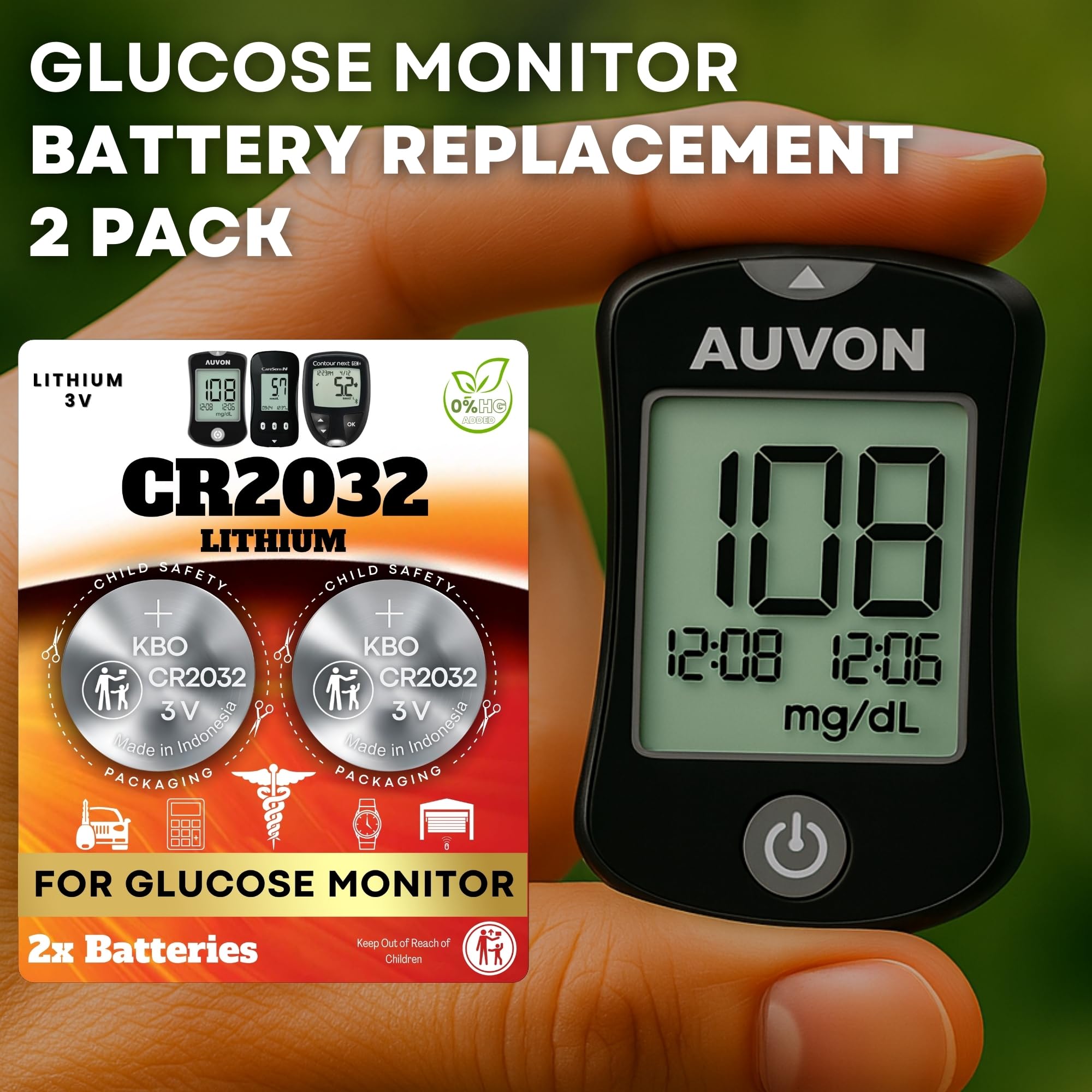 Lot de 2 piles de rechange pour moniteur de glucose CR2032 – Baterias para Glucometro – Compatible avec la plupart des parisiens