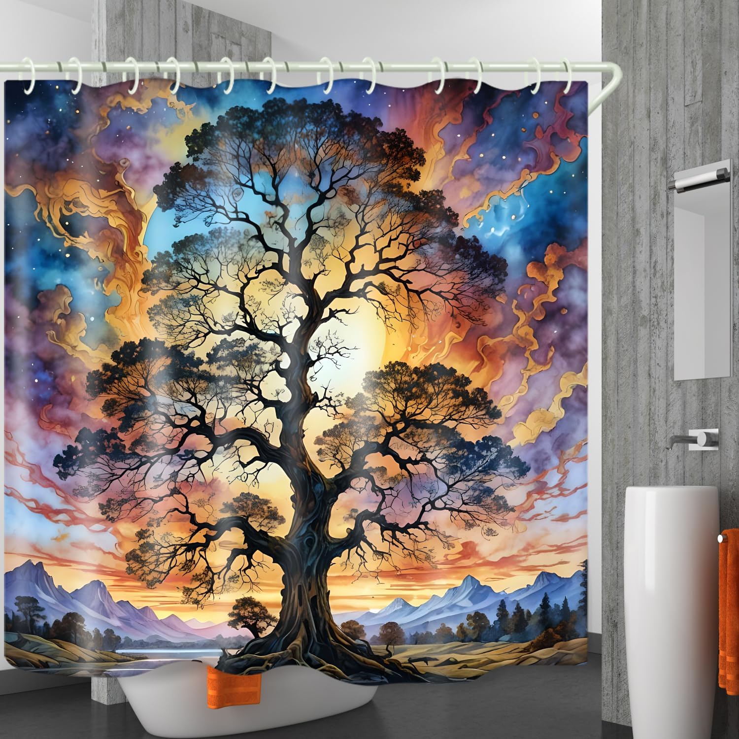 LYFANS Shower Curtains Life Tree Theme, Colorful Bright Sky Brings A Unique Artistic Atmosphere to The Bathroom, 72x79 Inch Fabric Shower Curtain with 12 Hooks.