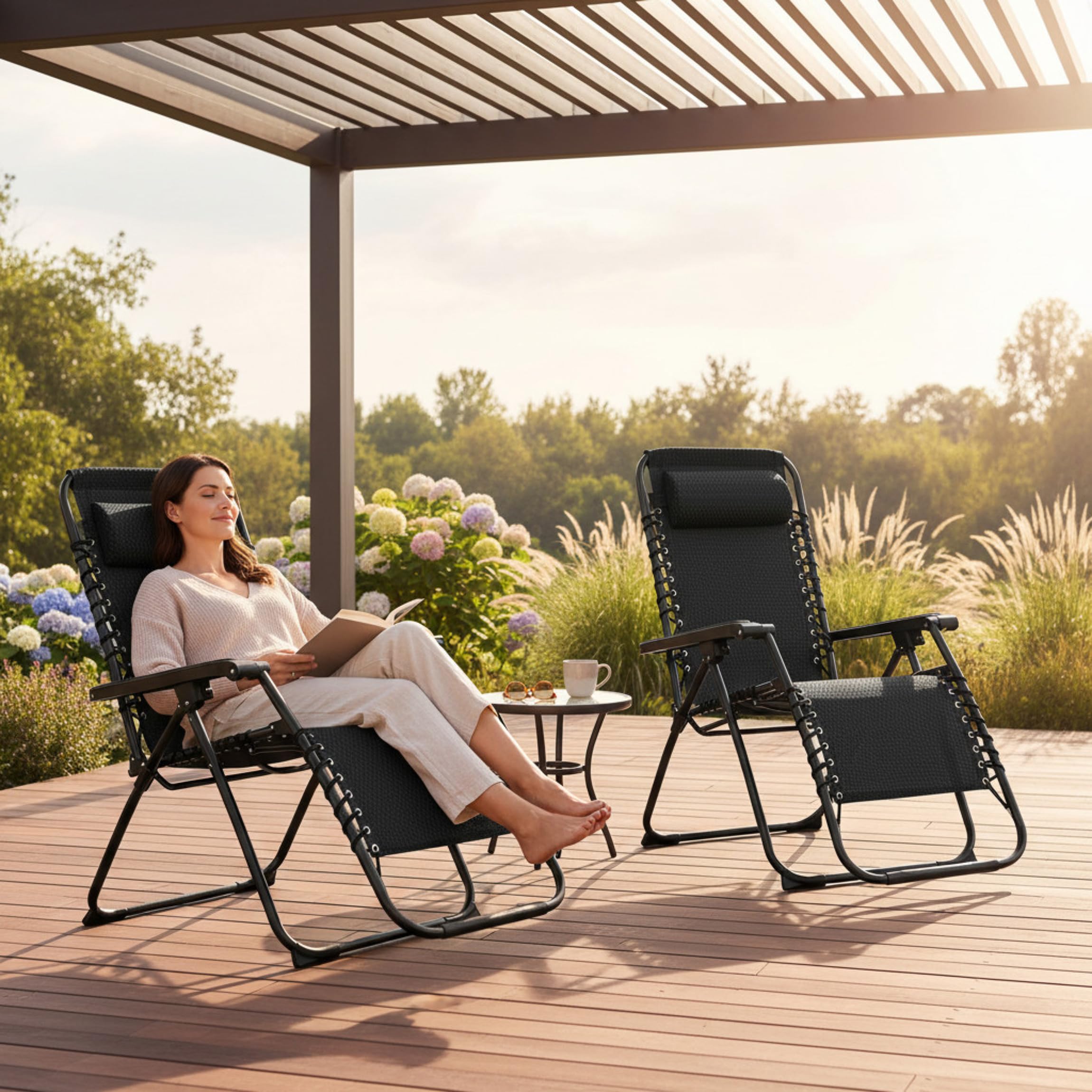 Spetebo Relaxsessel mit Kopfkissen aus Textil Gewebe 2er Set 178 x 51 cm - grau-braun - Gartenstuhl mit Verstellbarer Rückenlehne und Fußteil - Sonnenliege Hochlehner Gartenliege Liegestuhl klappbar