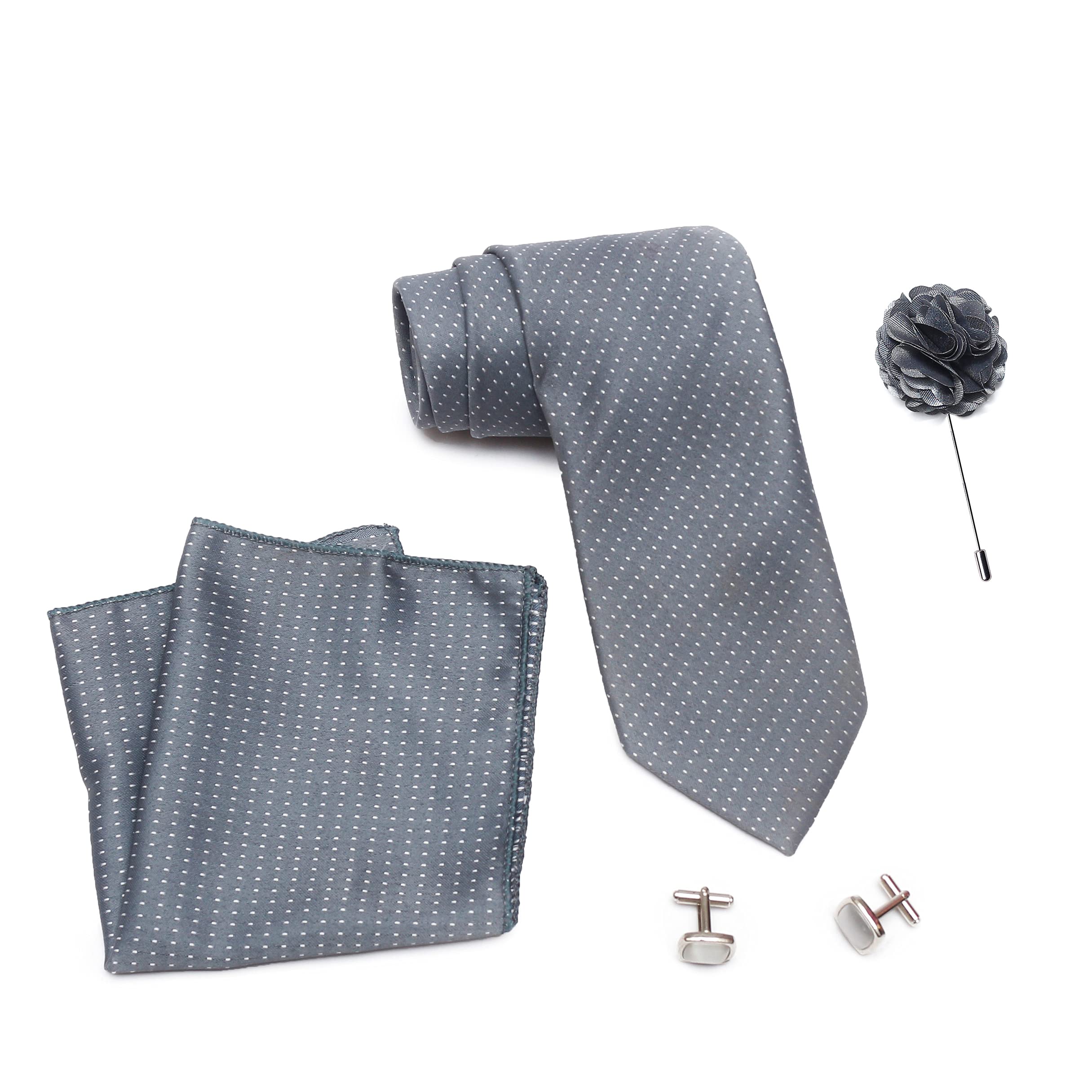 RIZORO Tie for Men – Dotted Silk Neck Ties Set with Cufflinks Flower Pin, Pocket Square & Black Gift Box, Combo Necktie Sets for Office Wear, Formal Suits & Weddings (Grey, D1GYRX) 3