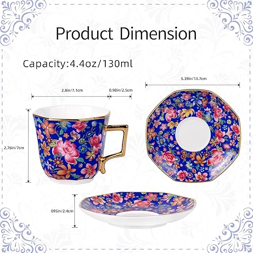 Miniatura 2 de KAMMAK Juego de 2 tazas de té y platillos, taza de café de porcelana con platillo para espresso, capuchino, taza de cerámica vintage de 4.5 onzas,