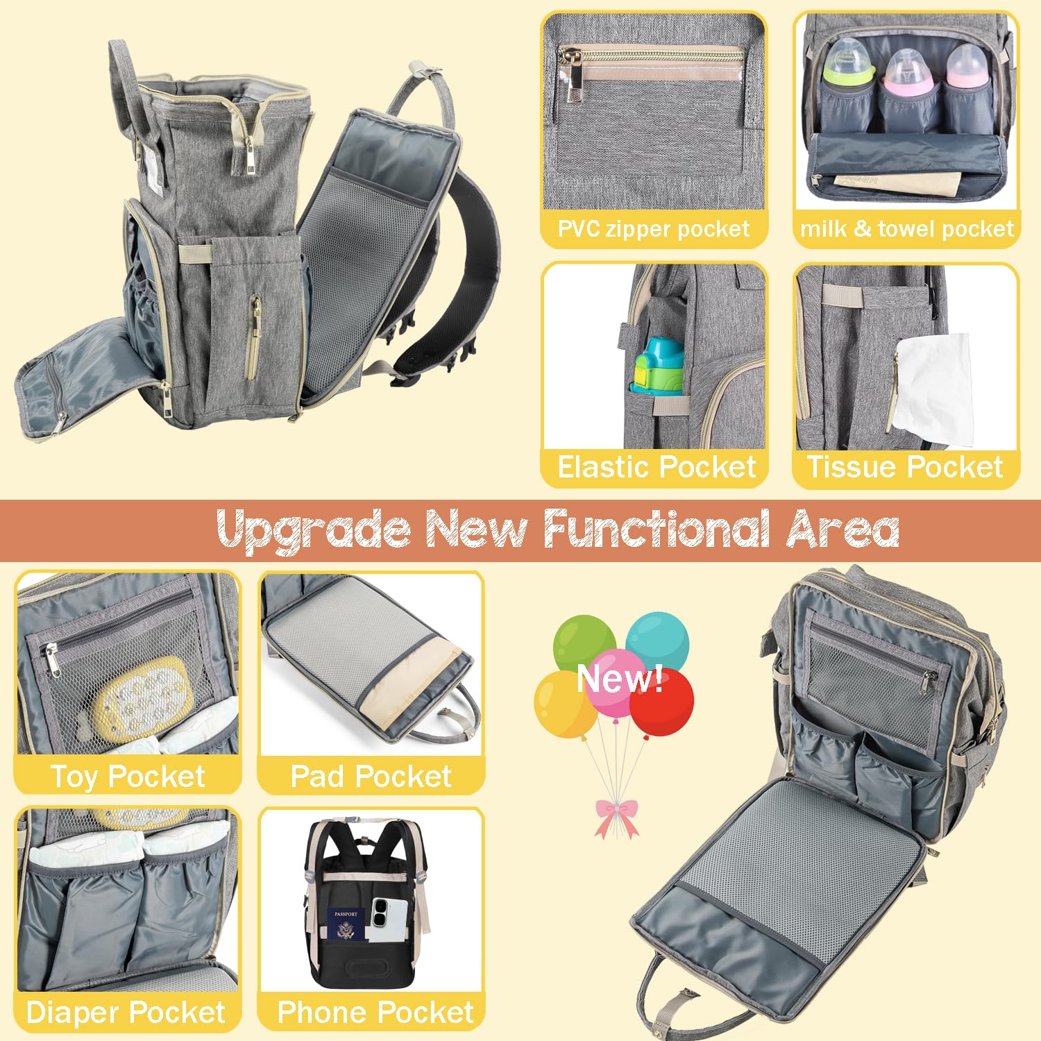 TOSYOFFI Multifunctional Nappy Bag Backpack with Changing Mat, Diaper Bag with Laptop Compartment - Image 2
