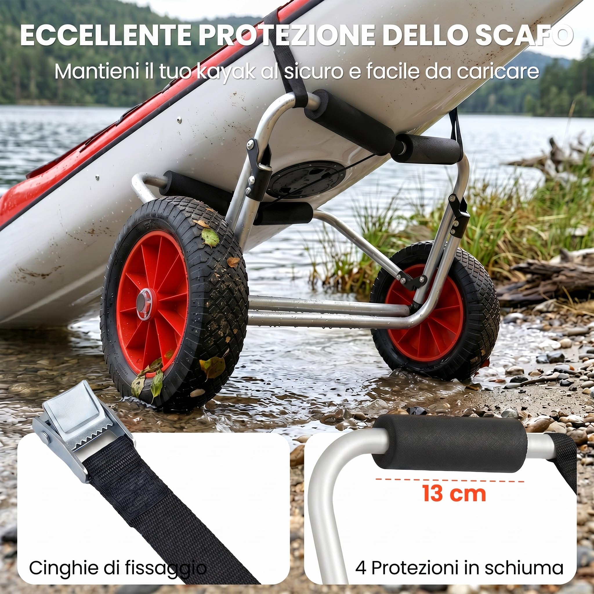 HOMCOM Carrellino da Spiaggia Pieghevole per Kayak e Canoa con Paraurti e Doppio Cavalletto, Carrello Spiaggia in Alluminio e NBR, 70x40x42 cm, Multicolore