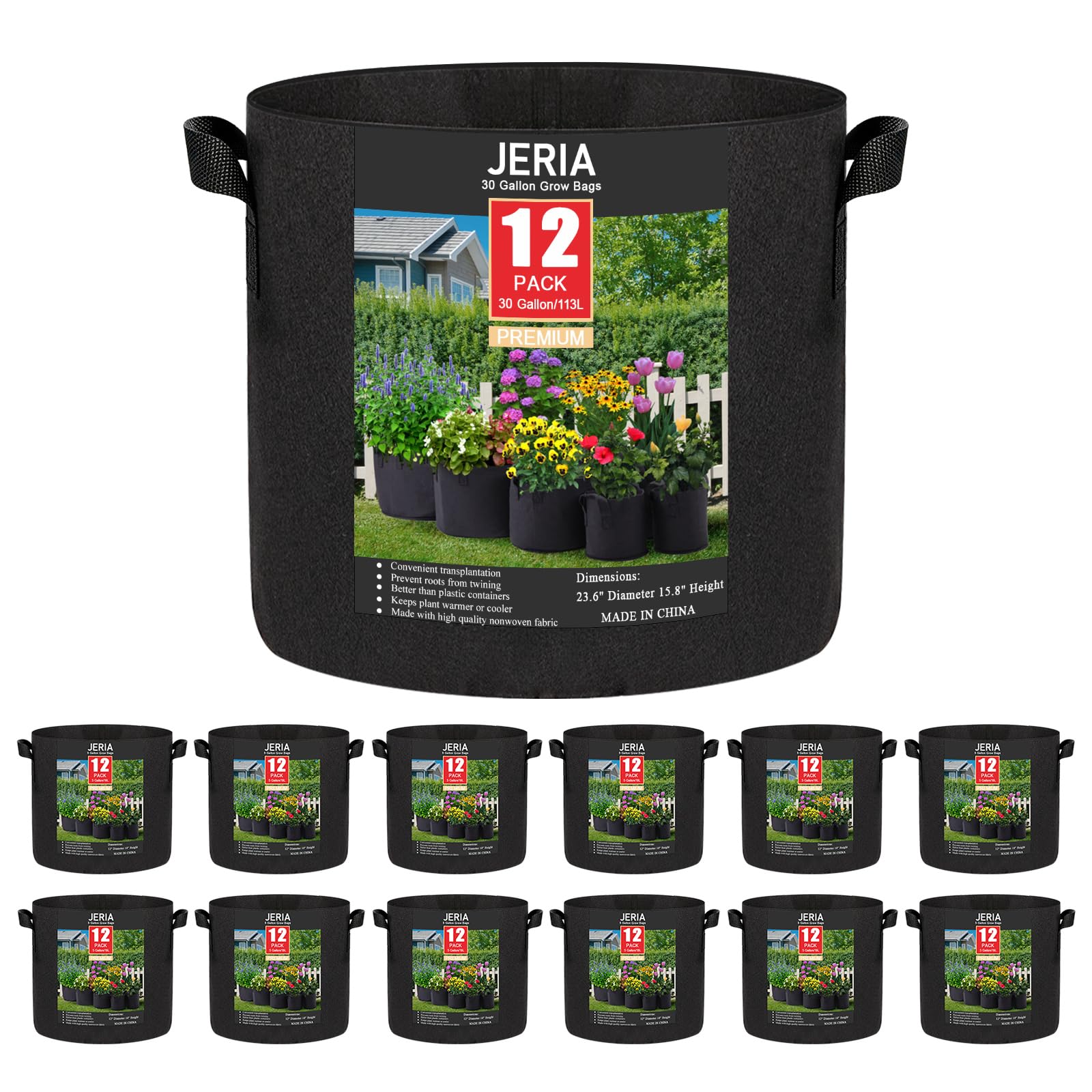 JERIA Lot de 12 Sacs de Culture pour légumes/Fleurs/Plantes, Pots d'aération en Tissu avec poignées (Noir), livrés avec 12 étiquettes pour Plantes