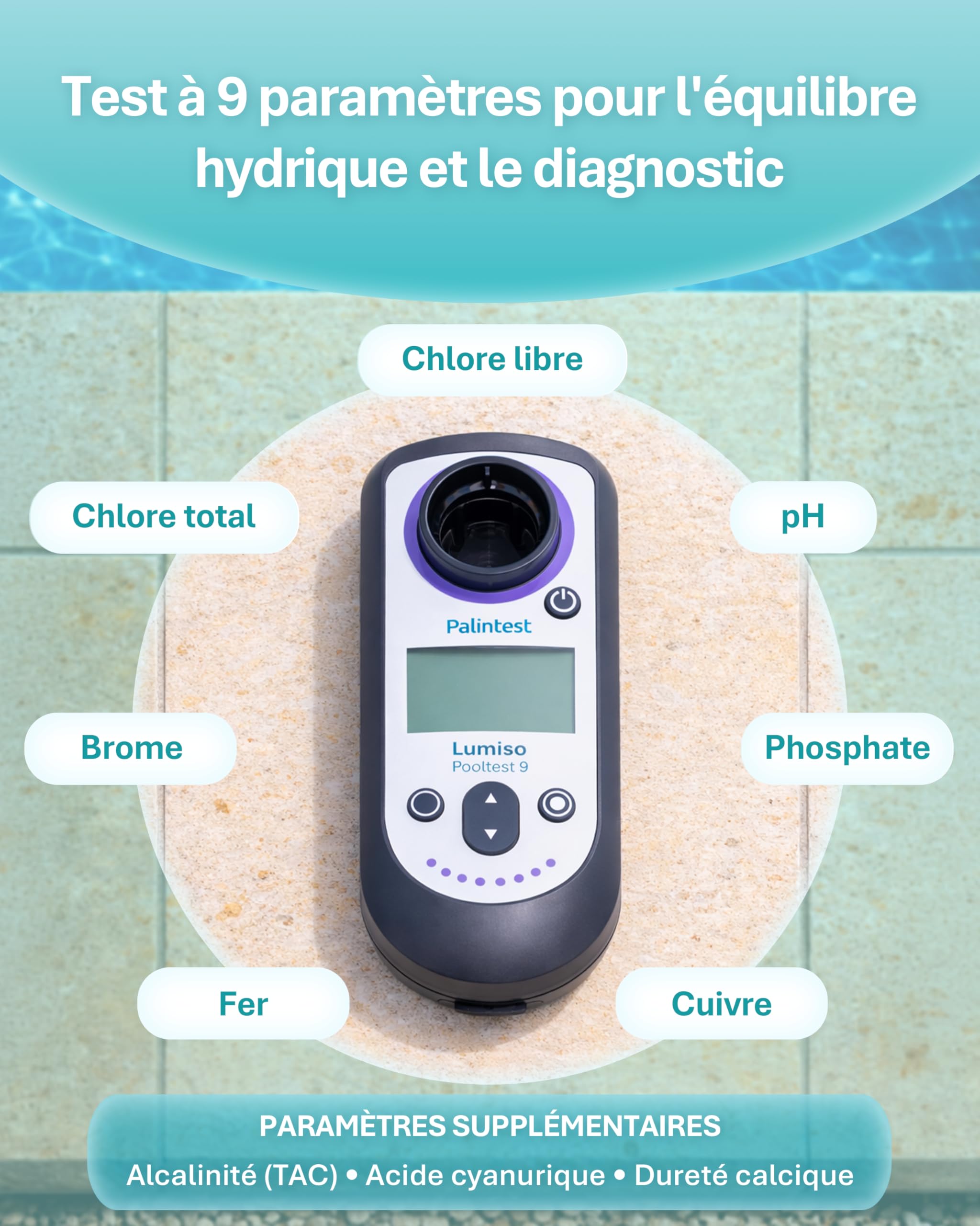 Palintest Lumiso Pooltest 9 Photomètre – Analyseur d'eau de piscine électronique 9 paramètres | Testeur électronique piscine pour mesure du pH et chlore, alcalinité et analyse professionnelle
