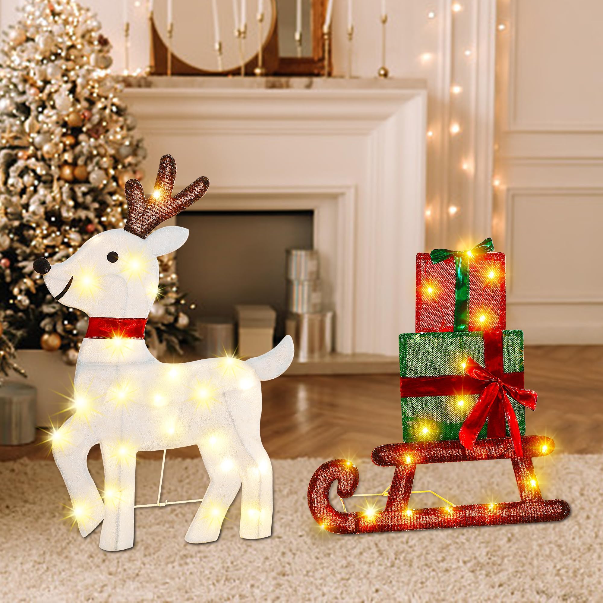 Joliyoou Décoration de cour de Noël, renne pré-éclairé et traîneau cadeau avec 50 lumières blanches chaudes, affichage de vacances éclairé 2D pour porte d'entrée de Noël, décoration intérieure et