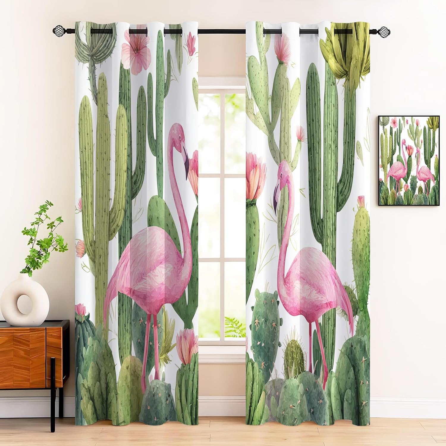 Sage Green Curtains & Drapes 54 Inches Long, Grommet Watercolor Illustration Pink Flamingo Cactus Blackout Drapes for Living Room Bedroom