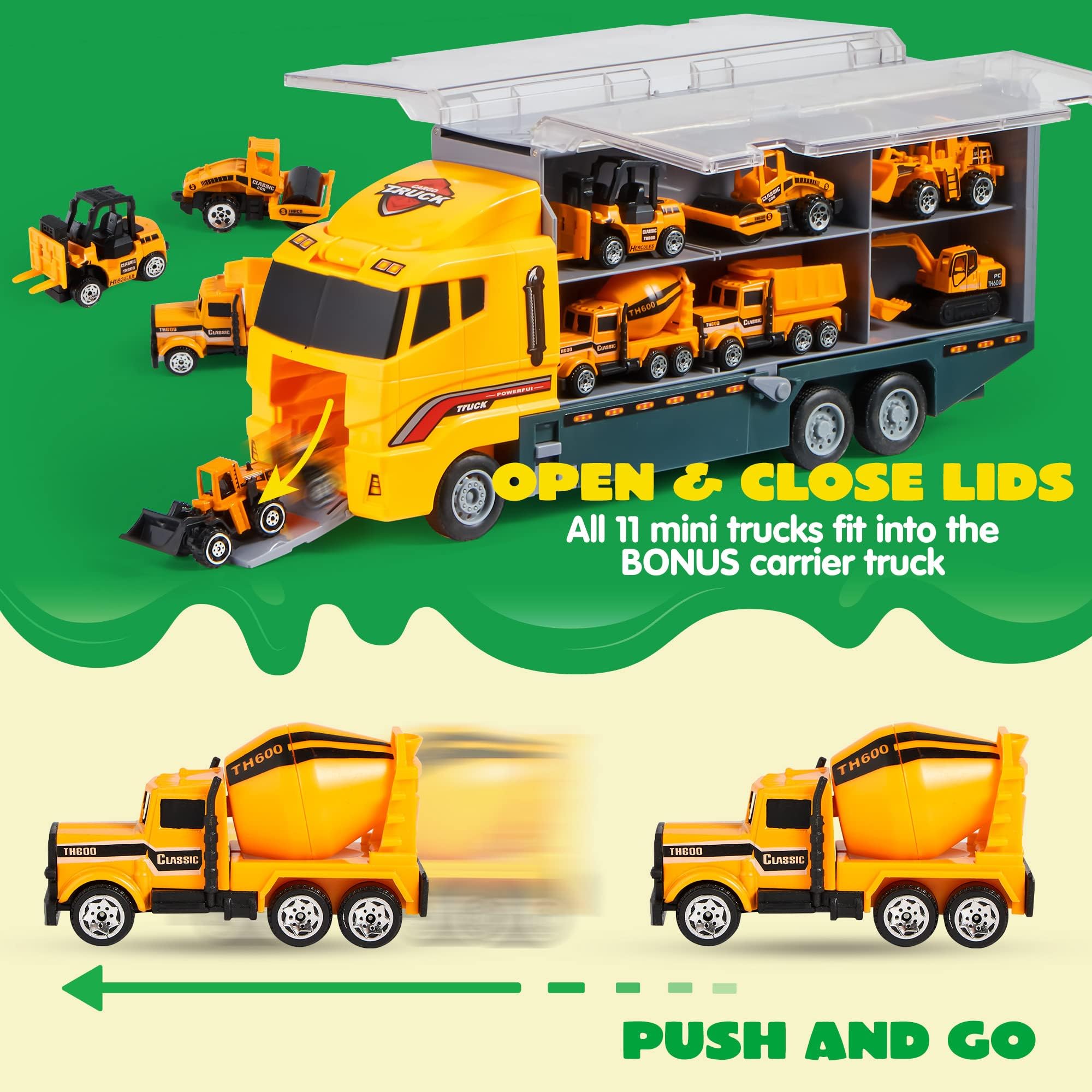 JOYIN Lot de 11 mini camions de construction moulés sous pression - Avec 8 figurines techniques - Cadeau d'anniversaire d'enfant pour garçons à partir de 3 ans