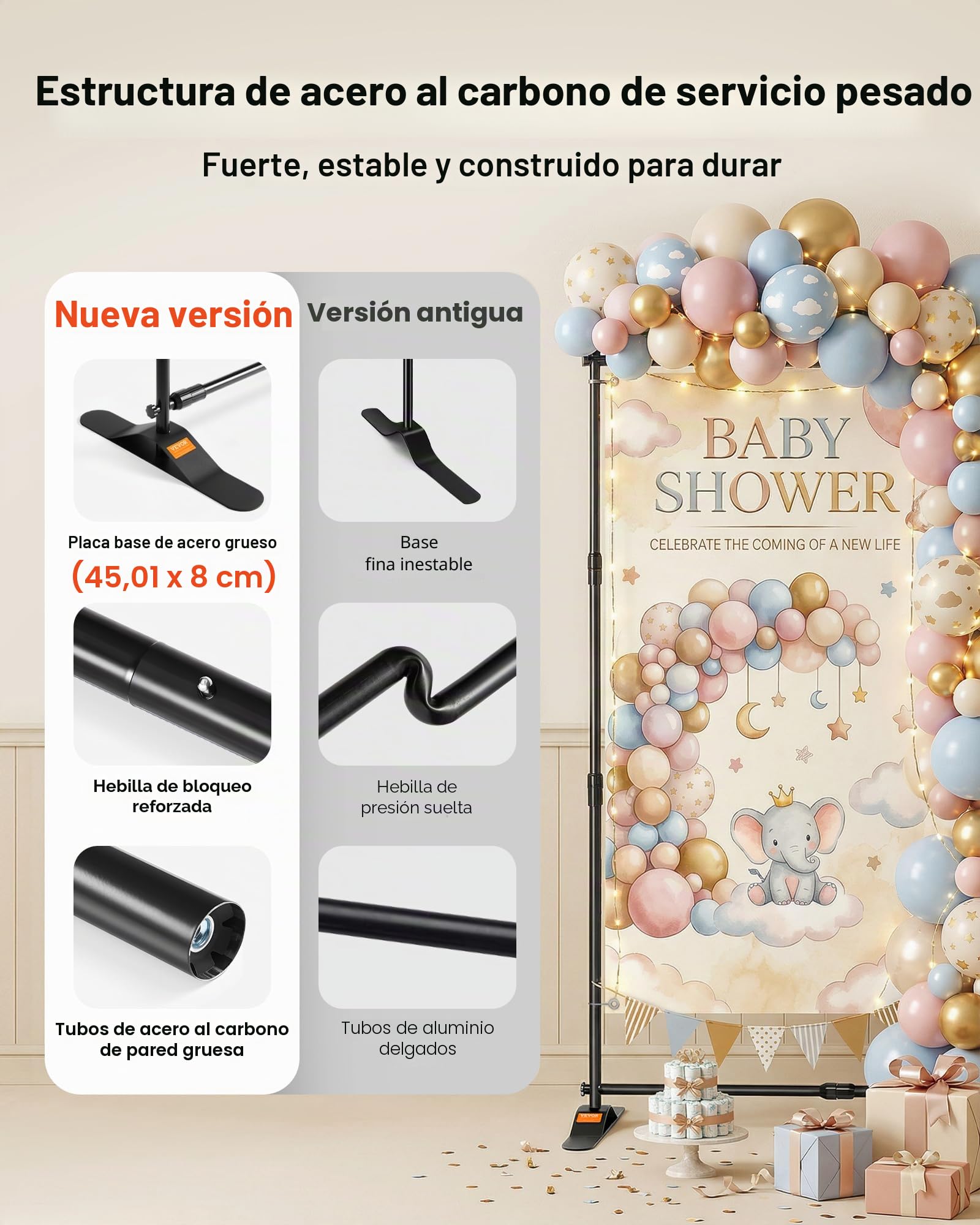 VEVOR Soporte para Fondos de Fotografía 3 m x 2.4 m, Anchura Ajustable 66 "- 120" Soporte de Banner para Telón de Fondo Altura 37"- 96" Negro para Feria Comercial Telescópico Expositor