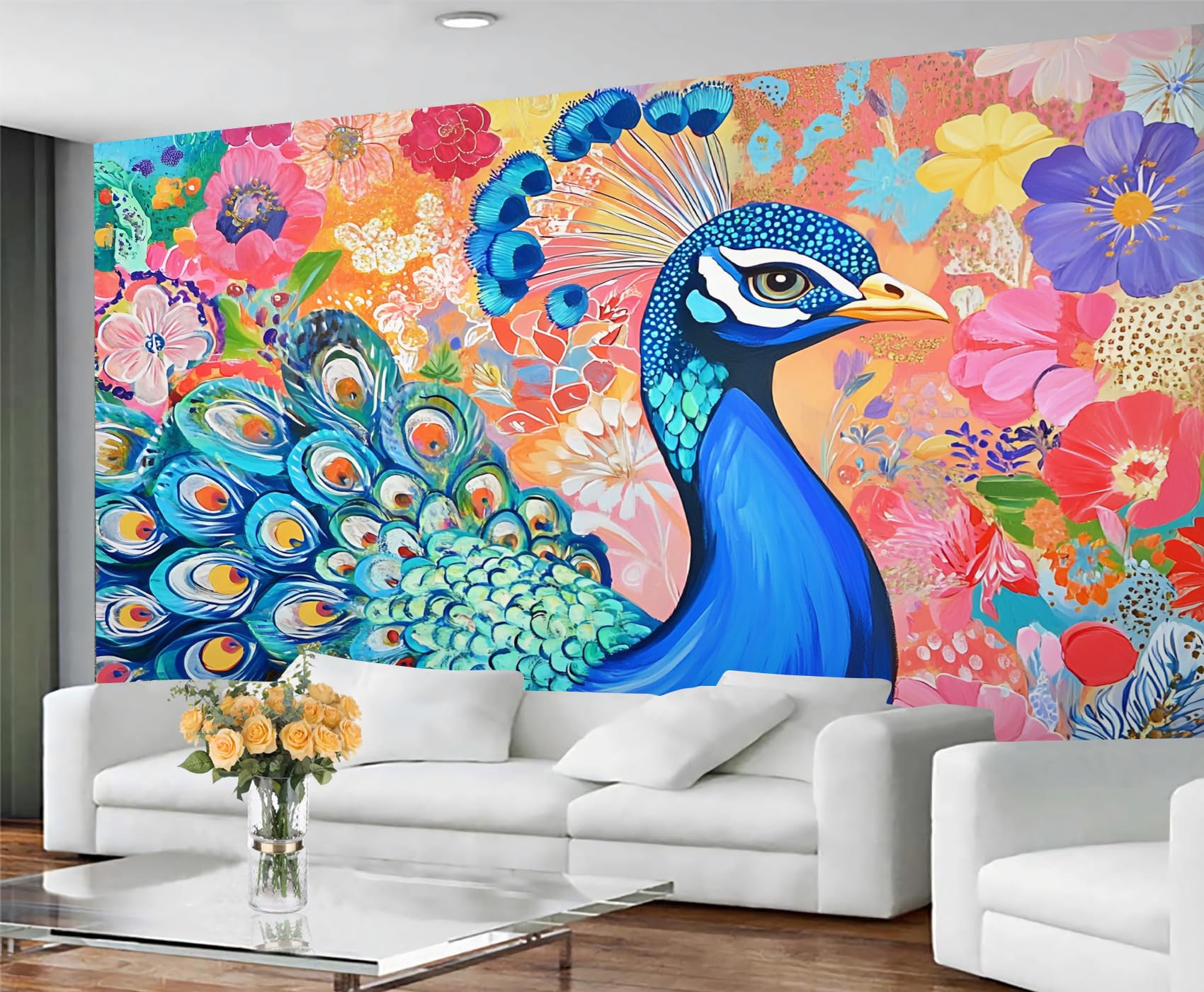 GIVLWF Watercolor Peacock Wallpaper, Peacock Feather Self Adhesive Wallpaper for Living Room, Chic Animal Wall Paper for Bedroom, Chic Bird Wall Mural, Oriental Large Mural & Room Decor