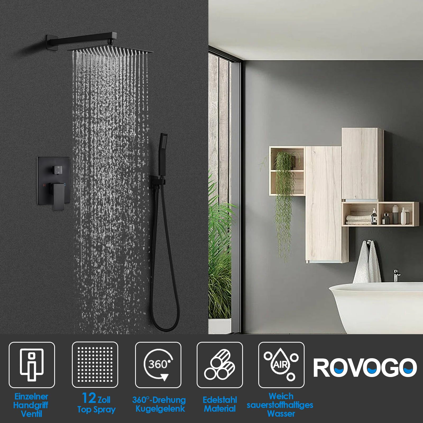 ROVOGO 30 x 30 cm Unterputz Duscharmatur Schwarz Set Duschkopf Eckig, Duscharmaturen Komplettset Unterputz mit Handbrause aus Edelstahl, Dusche Duschsystem Regendusche mit Armatur für Bad Duschset