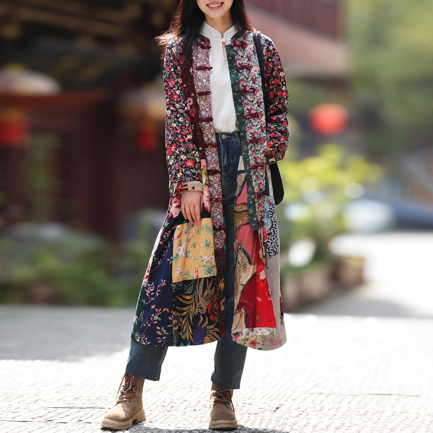 Women's Cotton Linen Printed Long Jacket with Unique Patchwork Cottagecore Style Casual Spring and Autumn Wear - Image 2