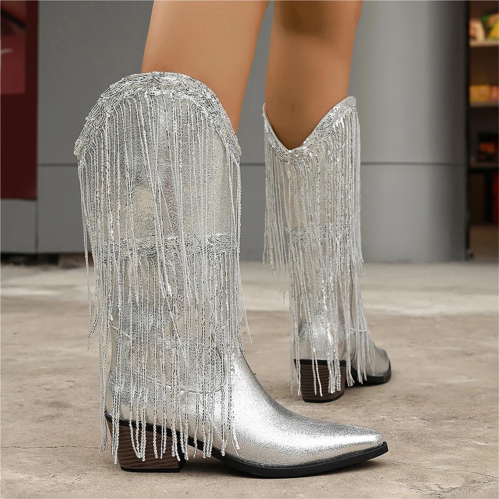 Stivali Texani Donna Stivali da cowboy argento scintillanti con nappe lunghe, punta western, stile motociclista tacco basso grosso