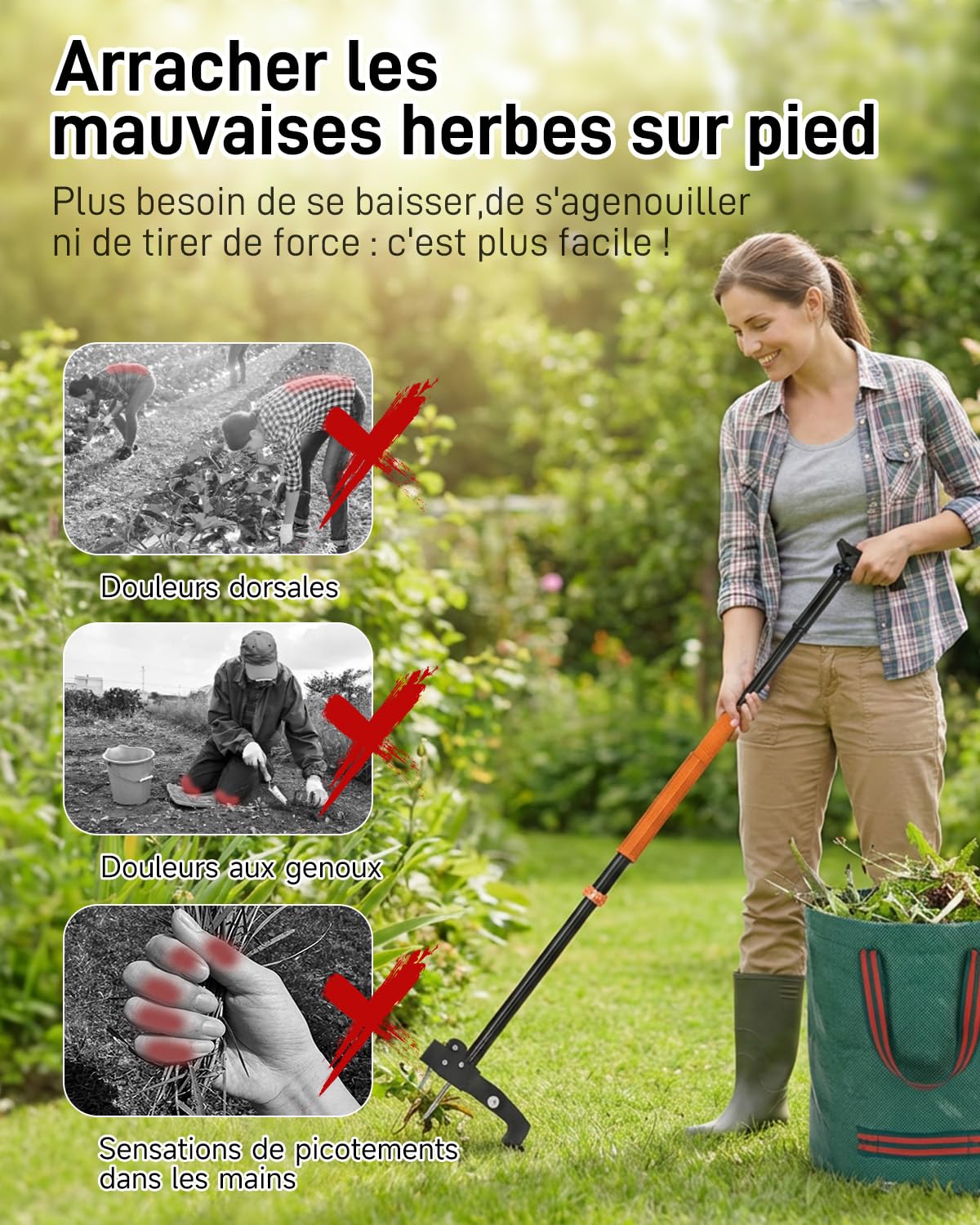 HAUSPROFI Désherbeur Manuel Extracteur (91-118 cm), Arrache-Mauvaise Herbe avec Sac de Jardin 50 L, Arrache-Pissenlit Équipé de 4 Griffes Métalliques et d'une Pédale, Rétractation Automatique
