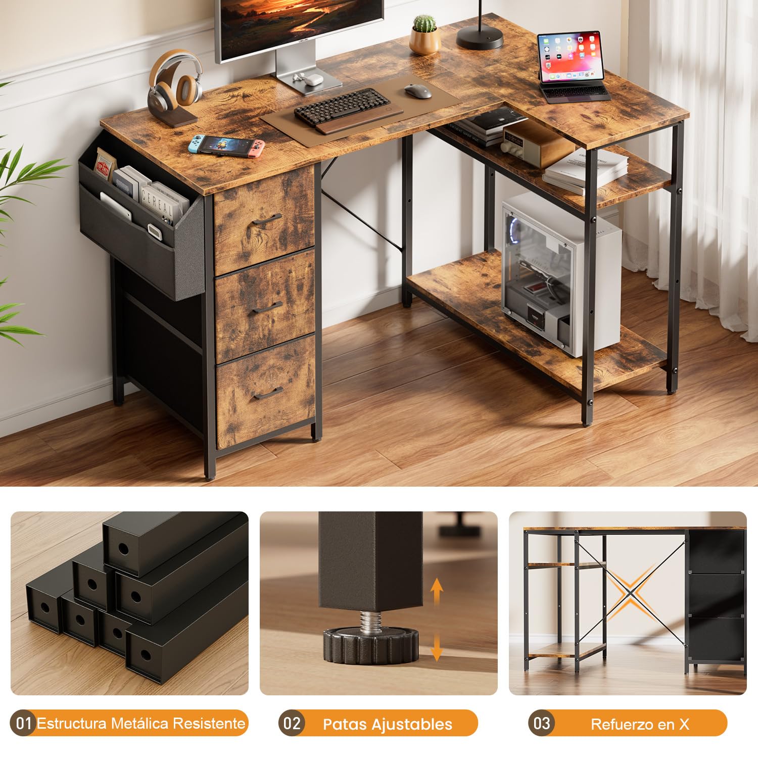 SOLAVERO Escritorio Esquinero, 120 x 78 cm Mesa Gaming, Escritorio en L con 3 Cajones, Mesa Ordenador con Bolsa de Almacenaje, Estante Ajustables, para Oficina en Casa, Estudio y Juegos, Marrón