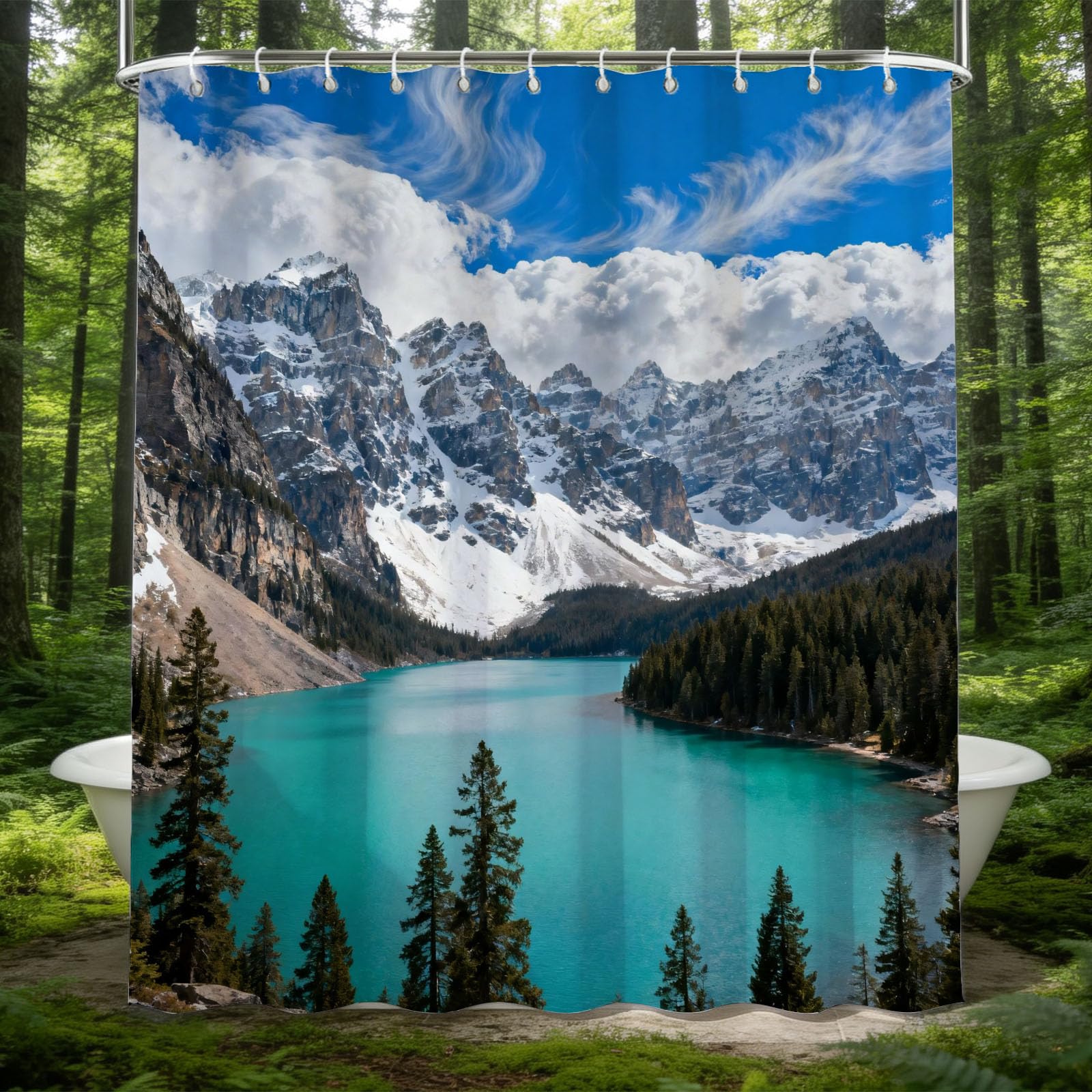 Hongduo 3D Snow Mountain Lake Shower Curtain for Stalls Bathtubs Natural Scenery Bathroom Decor Shower Curtain Set Polyester Fabric Waterproof 120x180cm/48X71 Inch with Hooks