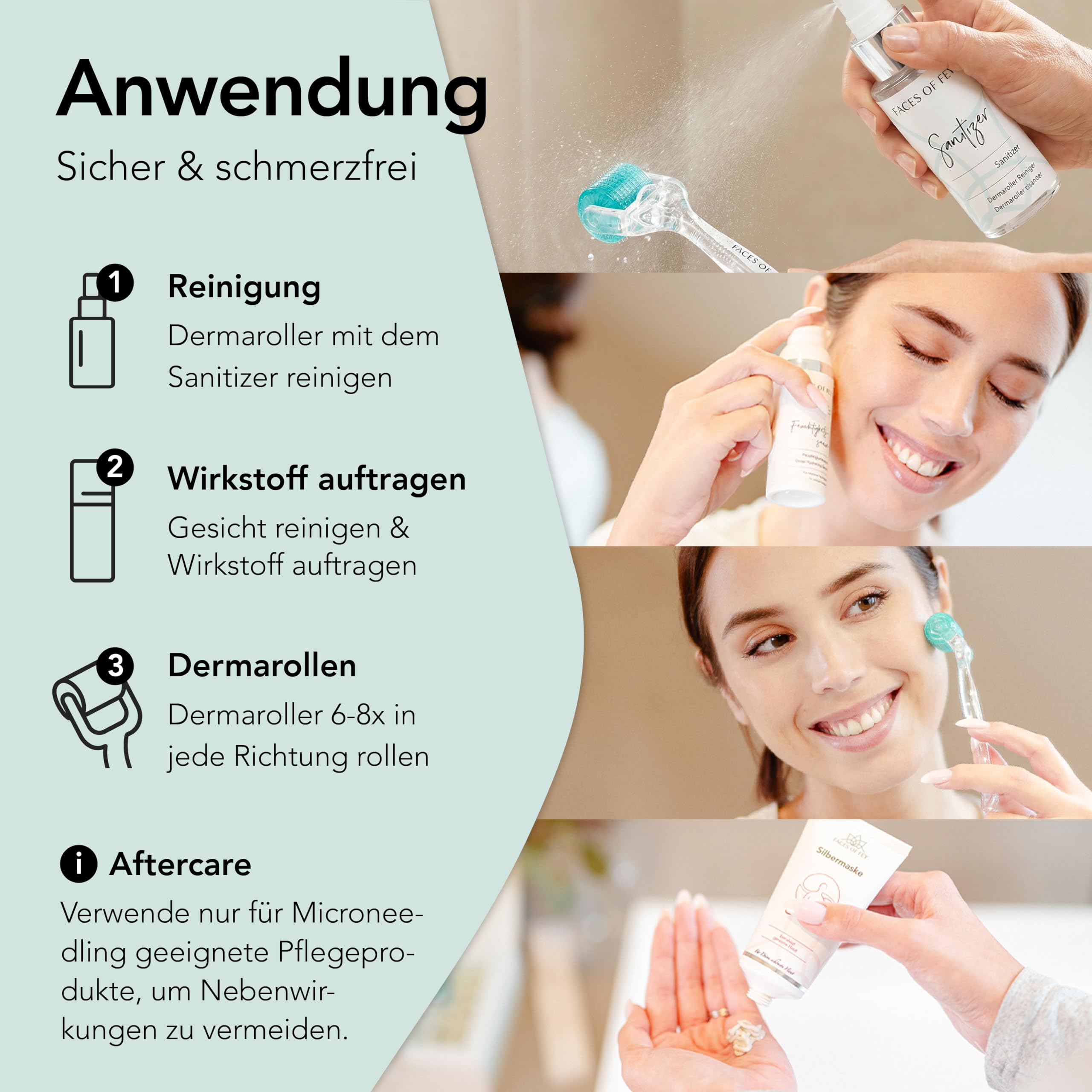 FACES OF FEY Dermaroller Gesicht 0,5mm – 192 Echte Nadeln aus Chirurgenstahl – Microneedling Roller für Gesicht & Körper – Derma Roller für professionelles Micro Needling zuhause