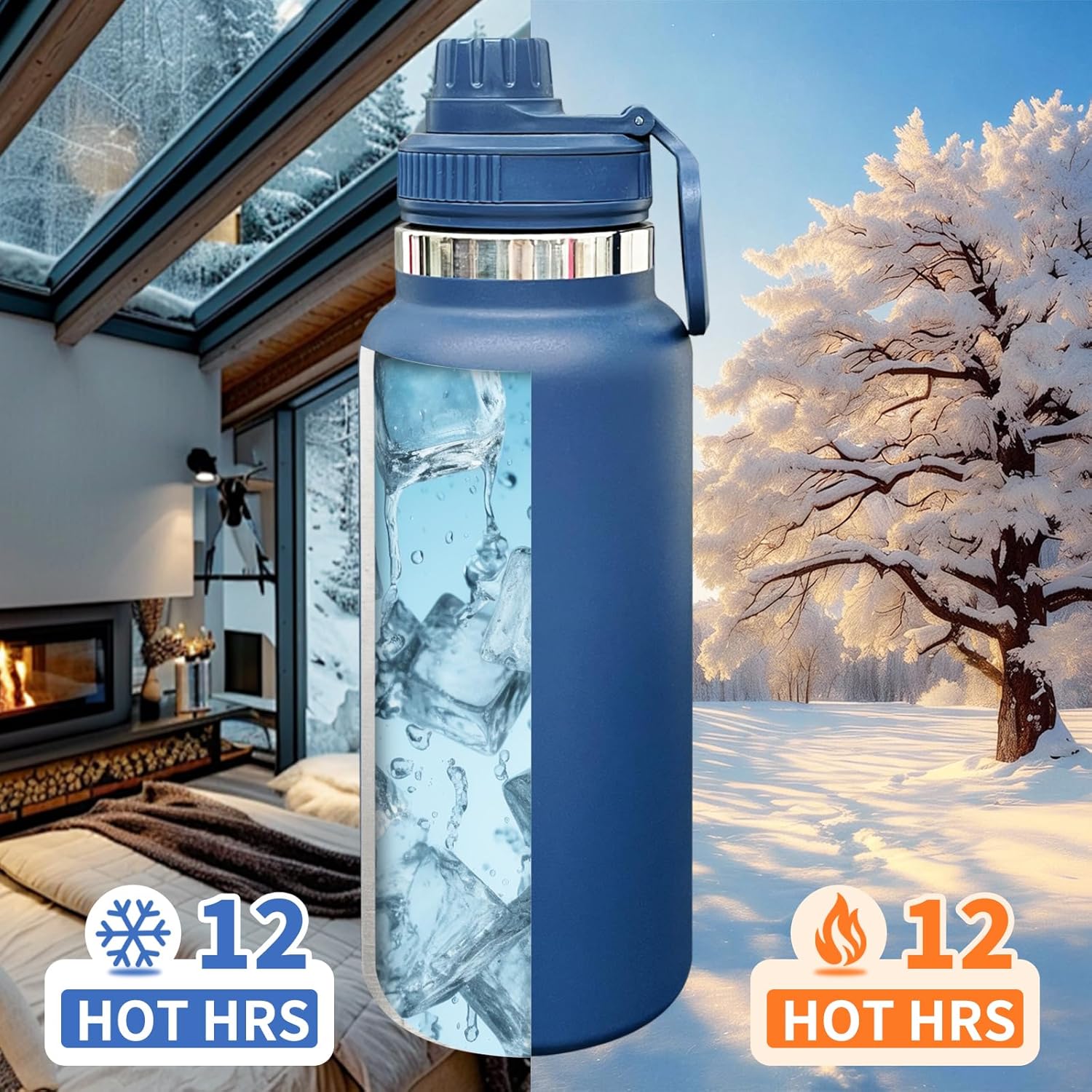 32 oz Insulated Water Bottle with Spout Lid - Double Wall Vacuum Sports Water Bottle - Powder Coated Cup for Gym Camping Hiking(Navy,8 pack)