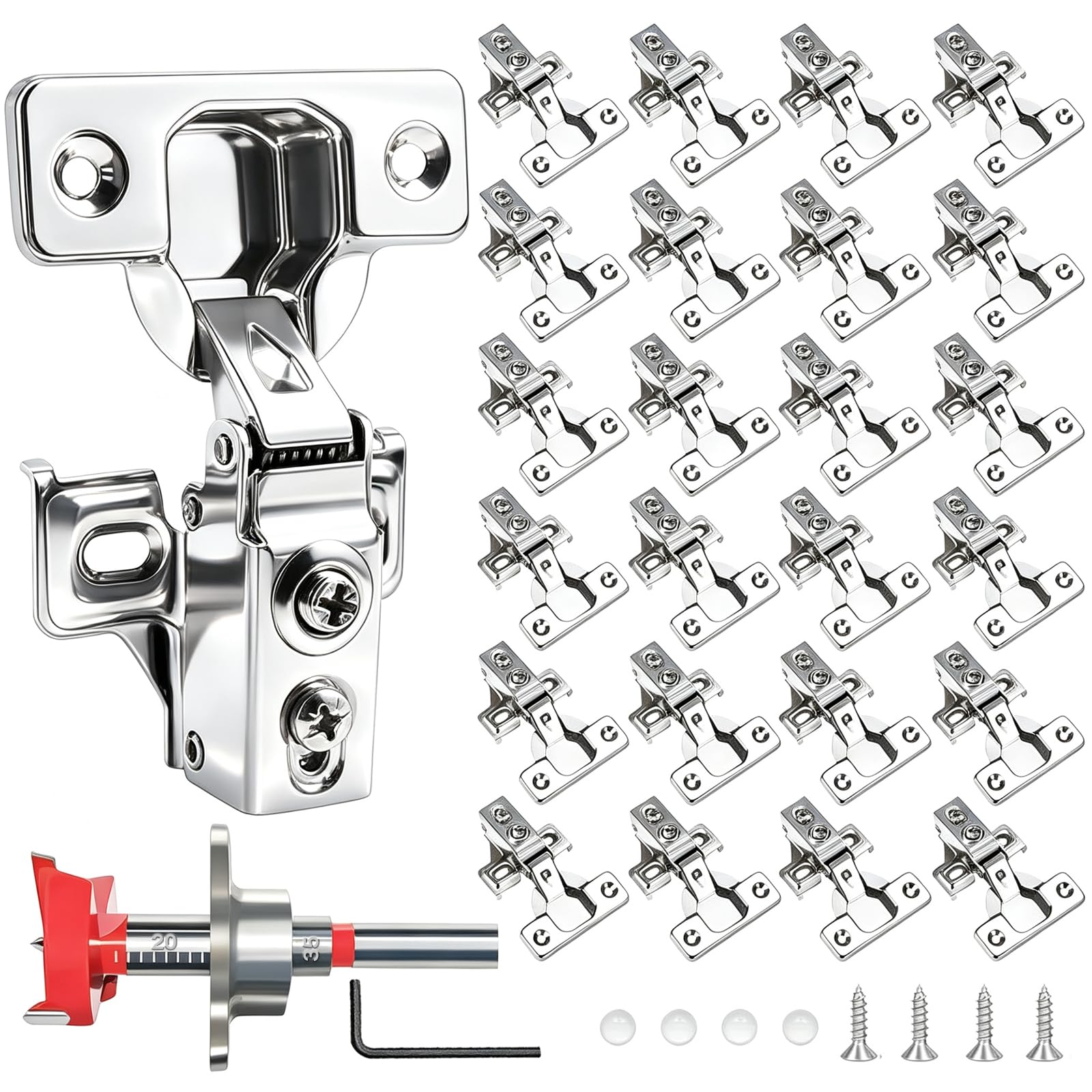 Confezione da 24 cerniere per ante di armadietti da cucina, cerniere nascoste, in acciaio inox, chiusura automatica, chiusura automatica, fori per viti, distanza della tazza: 45 mm