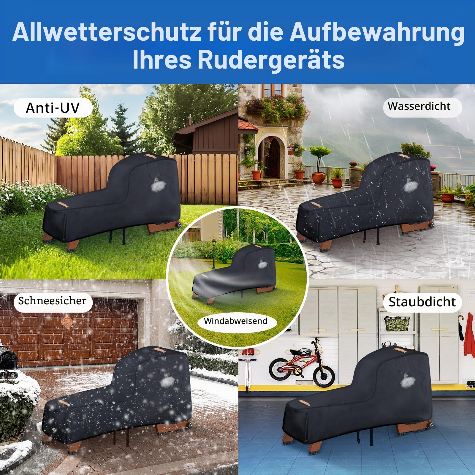 Rudergerät Abdeckung für Concept 2, robuste 420D Abdeckung, Outdoor-Schutzhülle für Fitnessgeräte, mit Wasserdichtem Streifen und Winddichter Schnalle, 2 Griffe, Zubehör für Concept Rudergerät
