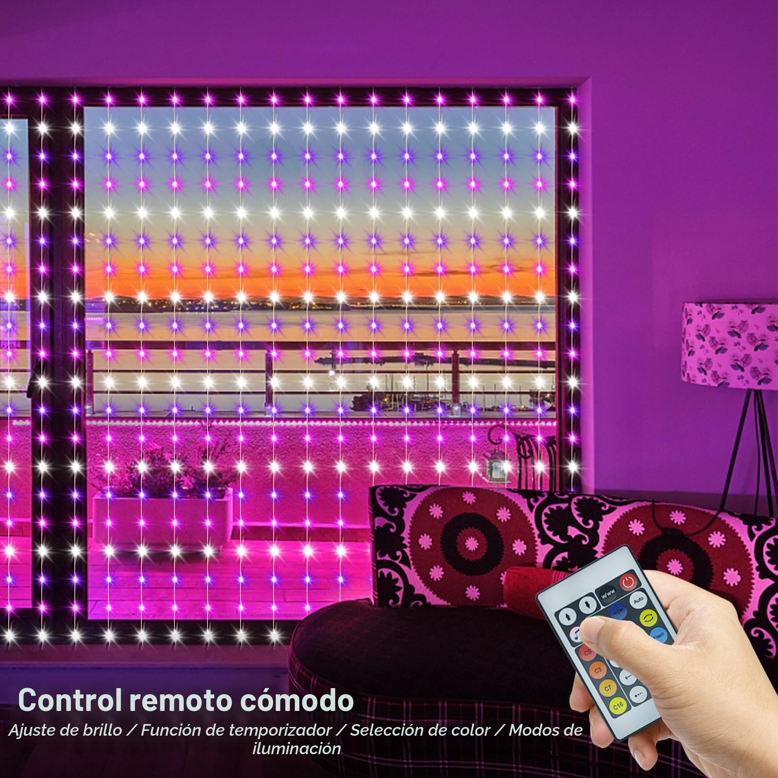 ZAIYW Cortina de Luz Inteligente RGB 5050 con Chip Integrado, Cortina de Luces de Hadas de 2,4 M x 1,8 M Control Remoto y Control de Aplicación, Cortina de Luces de Hadas de 144 LED para Fondo