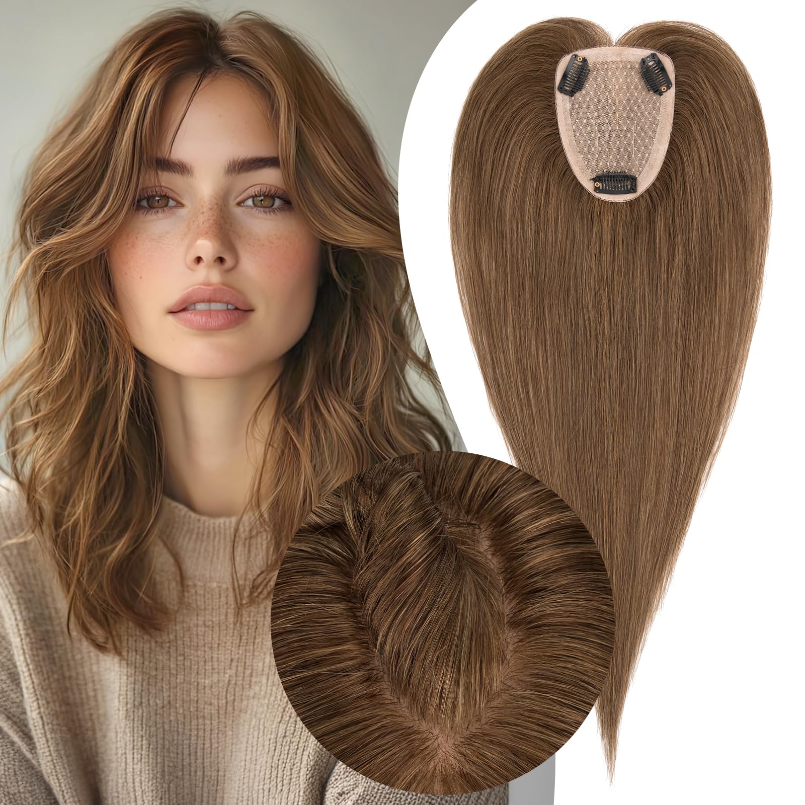 S-noilite Hair Toppers for Women Real Human Hair, 100% Human Hair Toppers for Thin Hair,3.5"*4.7" Handmade Free Partable Nature-mimicking Scalp Lace