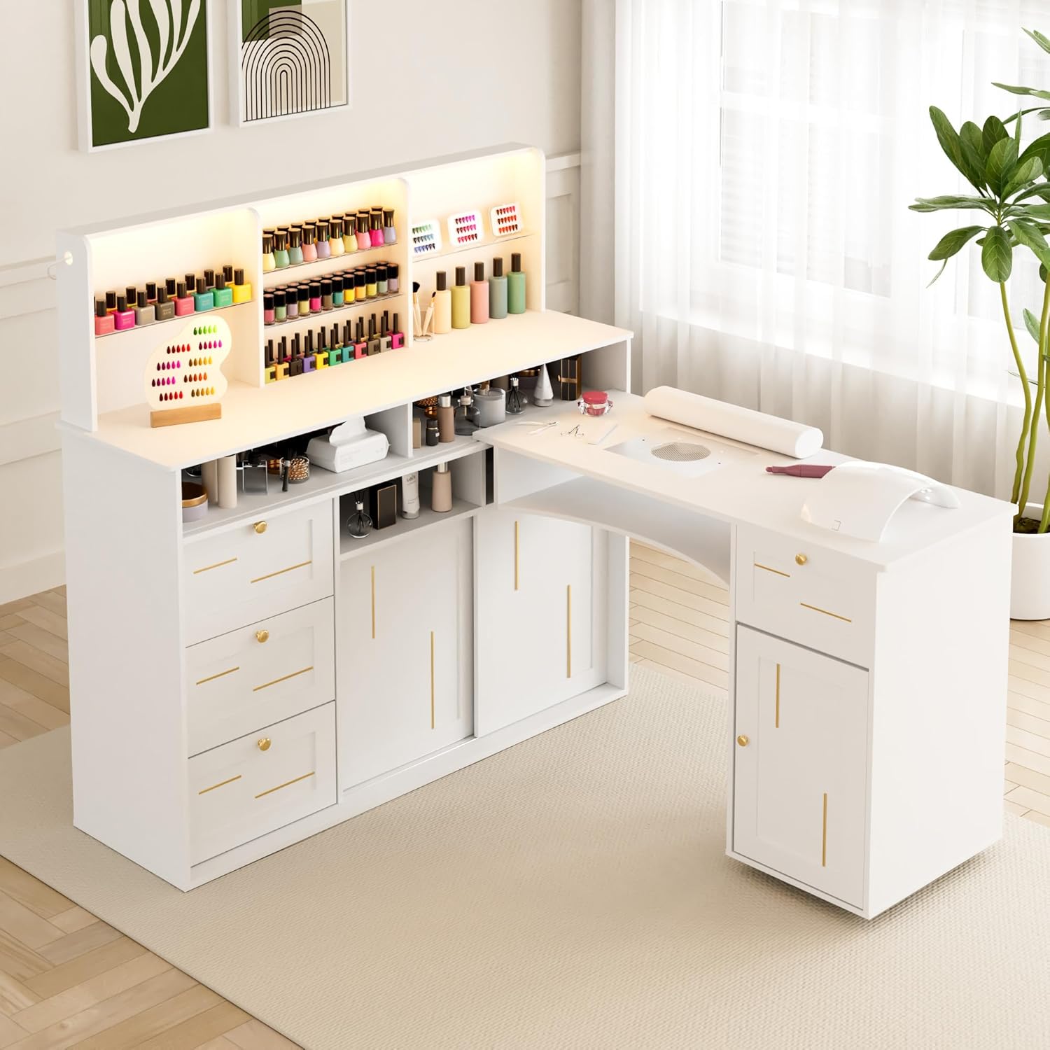 Manicure Table with Dust Collector, L-Shaped Nail Desk with Mobile Desktop, LED Light, Glass Display Rack, Storage Cabinets and Drawers for Home Spa Beauty Salon Nail Station, White