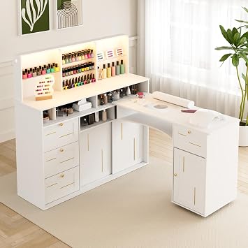 L-Shaped Manicure Table with Dust Collector, LED Light & Mobile Desktop