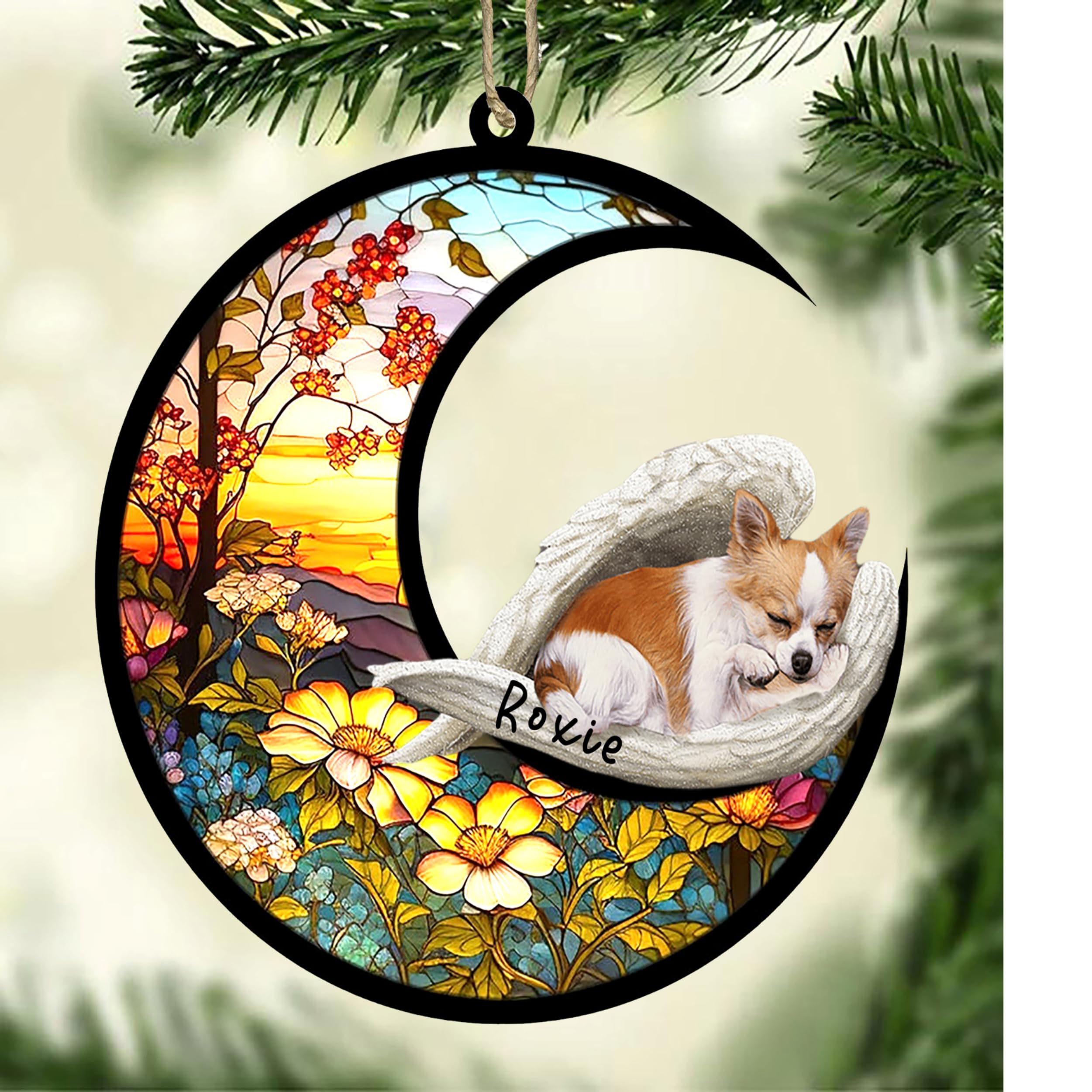 Personalized Chihuahua Dog Memorial Suncatcher, Chihuahua Christmas Ornament with Name, Pet Loss Catcher, Gifts for Dog Lovers Loss of Dog, Chihuahua Sleep on Haven