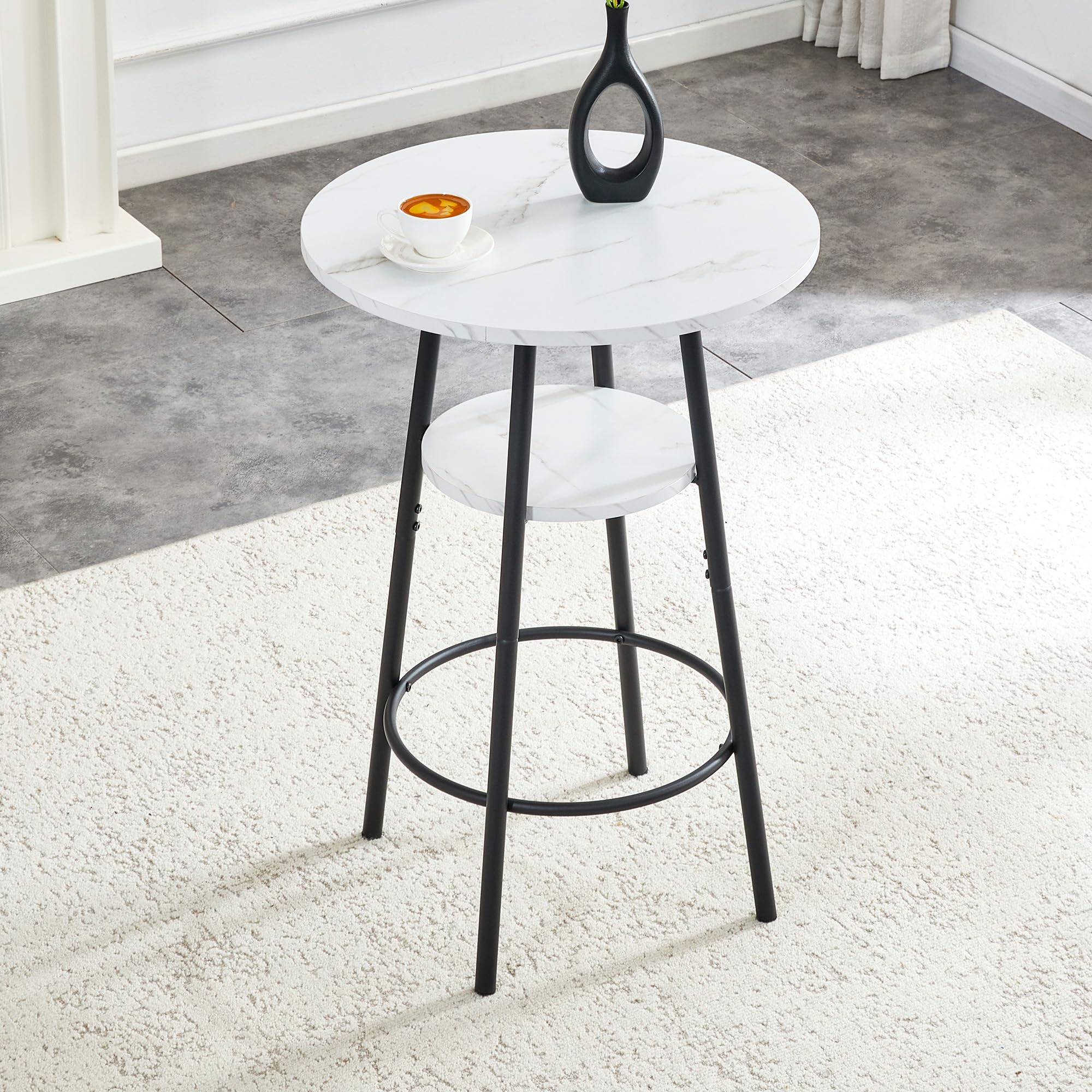 MURUL Bartisch Weißer Marmoroptik, 60 cm Stehtisch mit Stauraum & Schwarzem Metallrahmen, für Küche, Café & Esszimmer