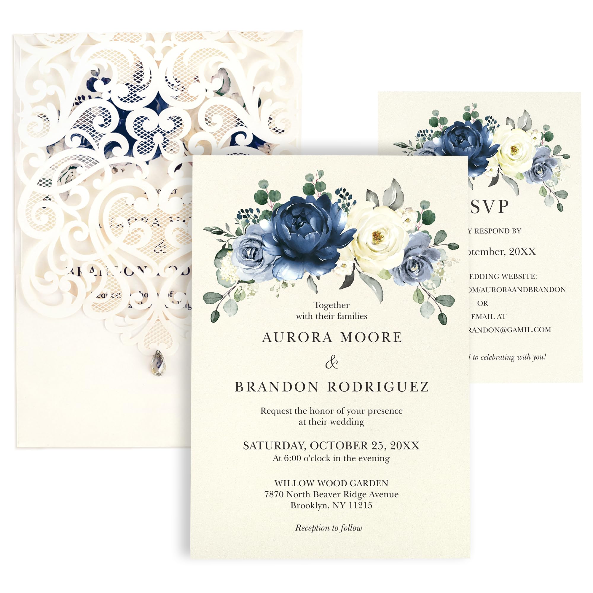 FANEYA 50pcs Laser Cut Wedding Invitations with Envelopes and RSVP Cards Blue and Ivory White, 5x7.3 Personalized Invitation Cards for Wedding,