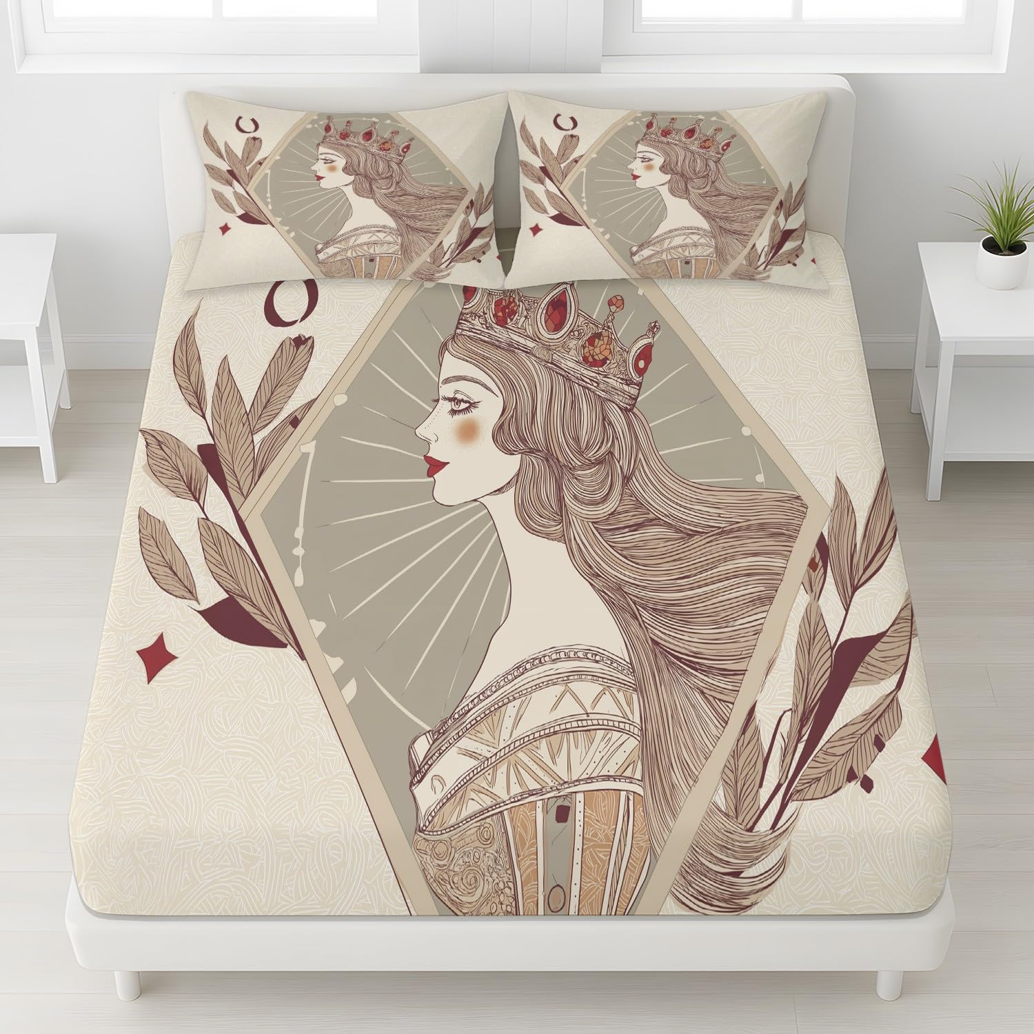 Vintage Menschen Spannbetttuch Elegant Königin Krone Spannbettlaken 200 x 200 x 30 cm 3teilig Mikrofaser Bettwäsche Set mit 2 Kissenbezüge 80 x 80 cm Kein Flachbettlaken