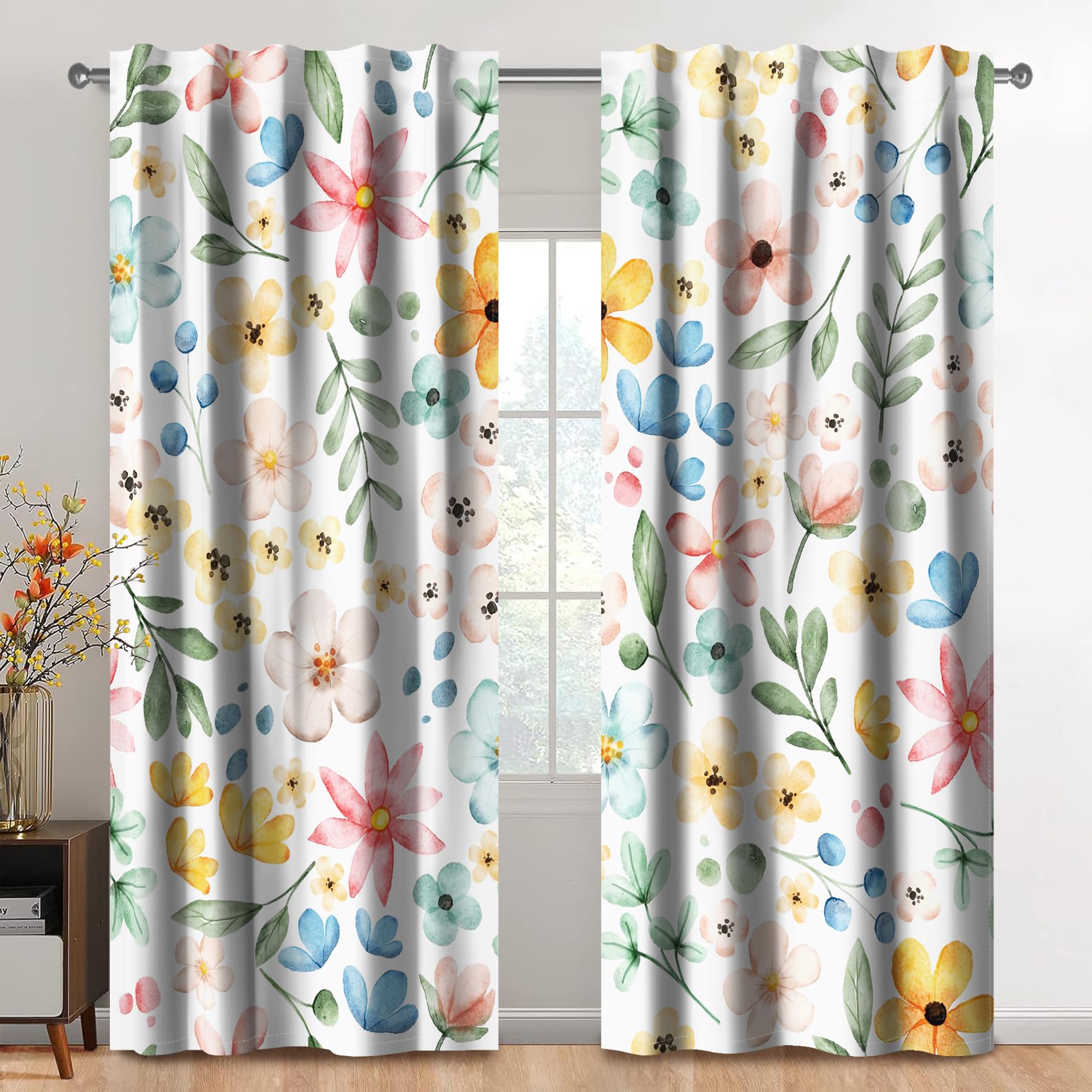 Kzzfqxb 2 Panels 107x160cm Floral Curtains, Colorful Petals Green Leaves Bloom Red Yellow Blue Flowers Berries Printed Window Drapes for Girls Bedroom Living Room Decor