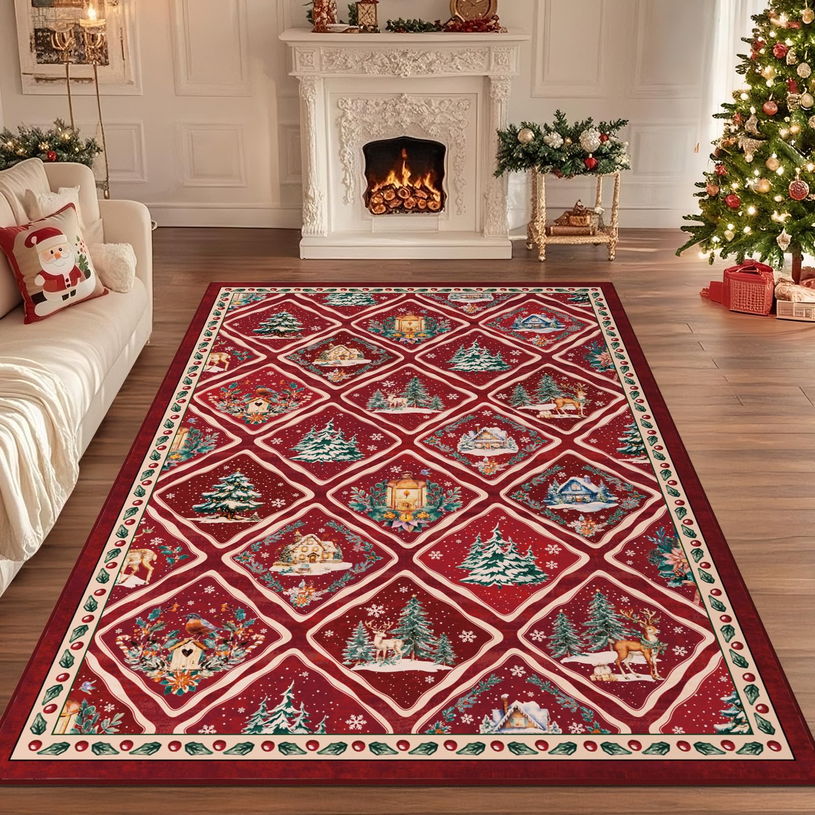 Tapis de Noël pour salon, 120 x 180 cm, lavable, rouge, antidérapant, doux, à poils courts, pour salle à manger, chambre d'enfant, bureau, décoration de vacances