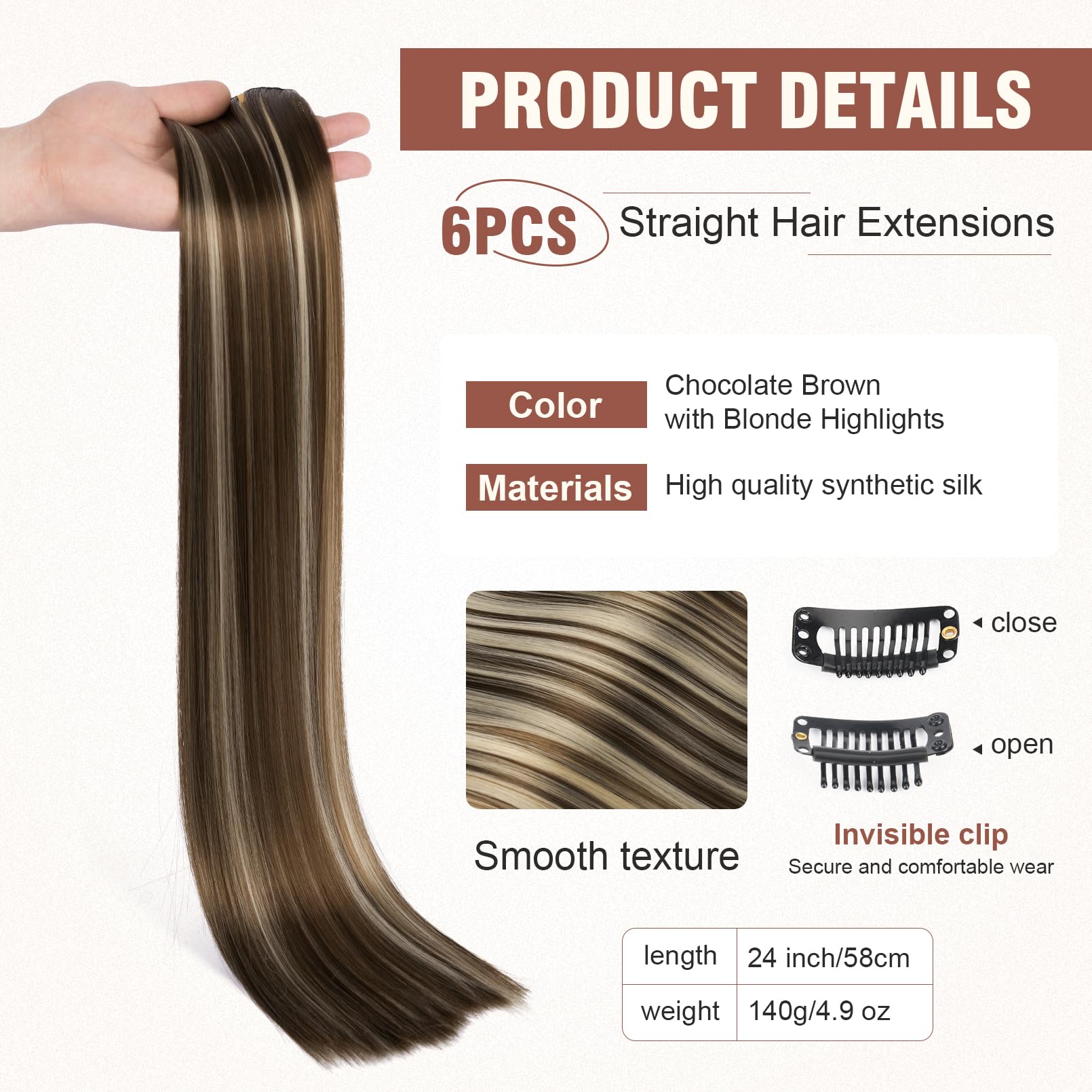 FLUFYMOOZ 6PC Clip in Hair Extensions 24" Straight Long Extensions for Women Synthetic Hairpiece (Chocolate Brown with Blonde Highlights) - Image 2