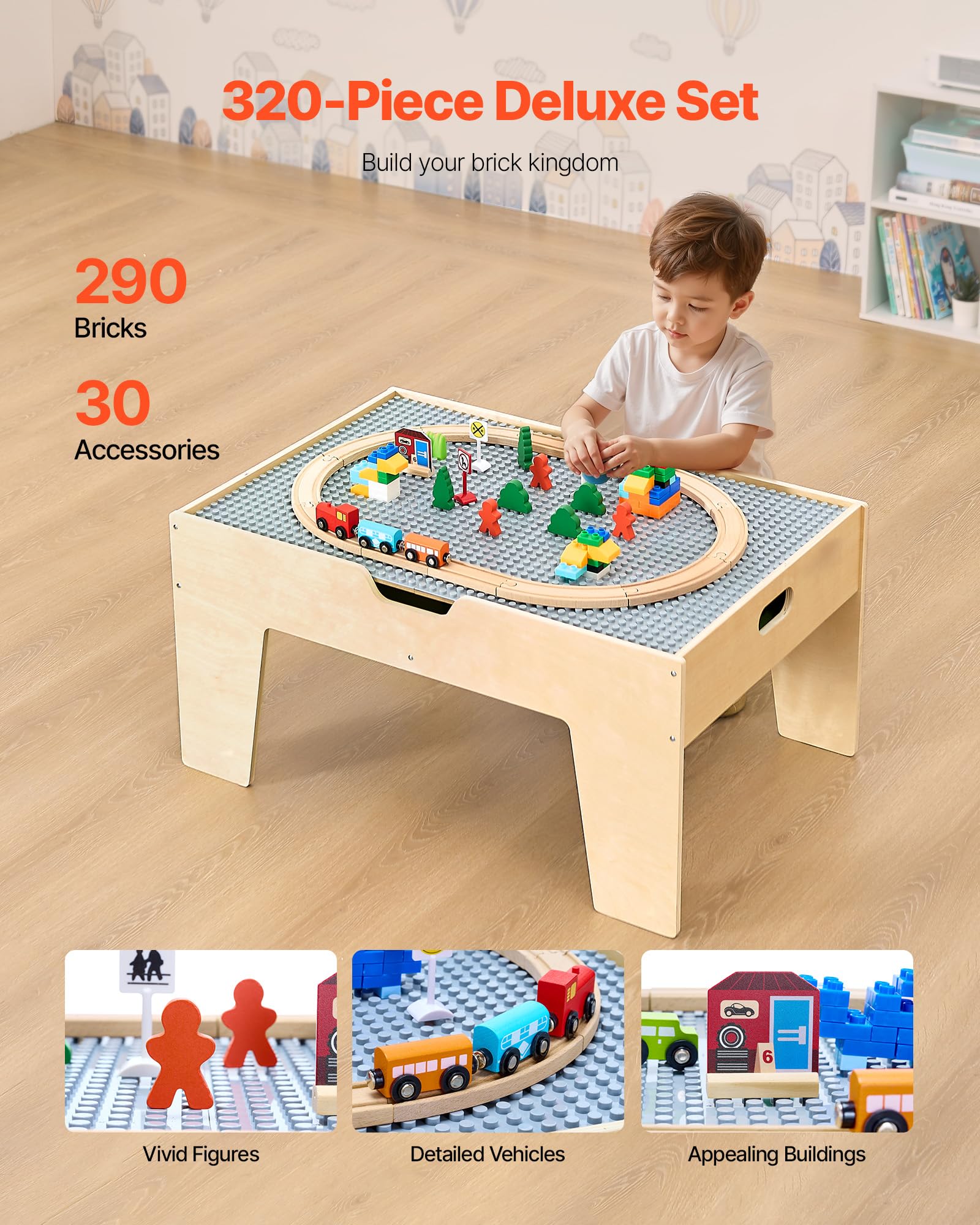 VEVOR Tavolo Ferroviario con Treni Binari Giocattolo, 290 Mattoncini da Costruzione e Set di Treni in Legno da 30 Pezzi, Tavolo da Gioco Multiuso in Legno, con Area di Stoccaggio per Bambini