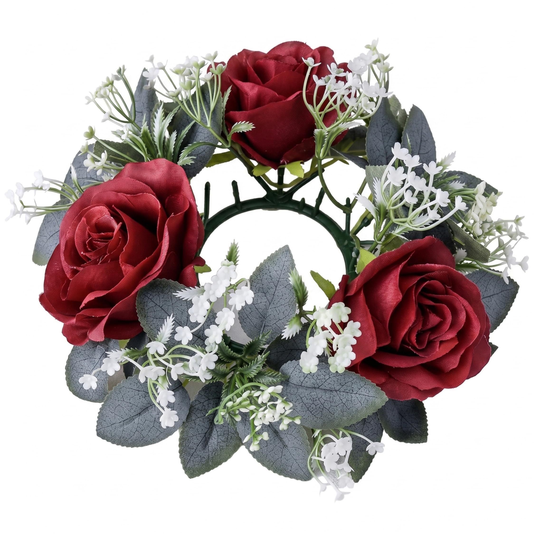 Xoeryoy Candle Rings, Exquisite Candle Rings Wreaths with Artificial Roses & Greenery, Centerpieces for Tables for Wedding Home Decor (Red)