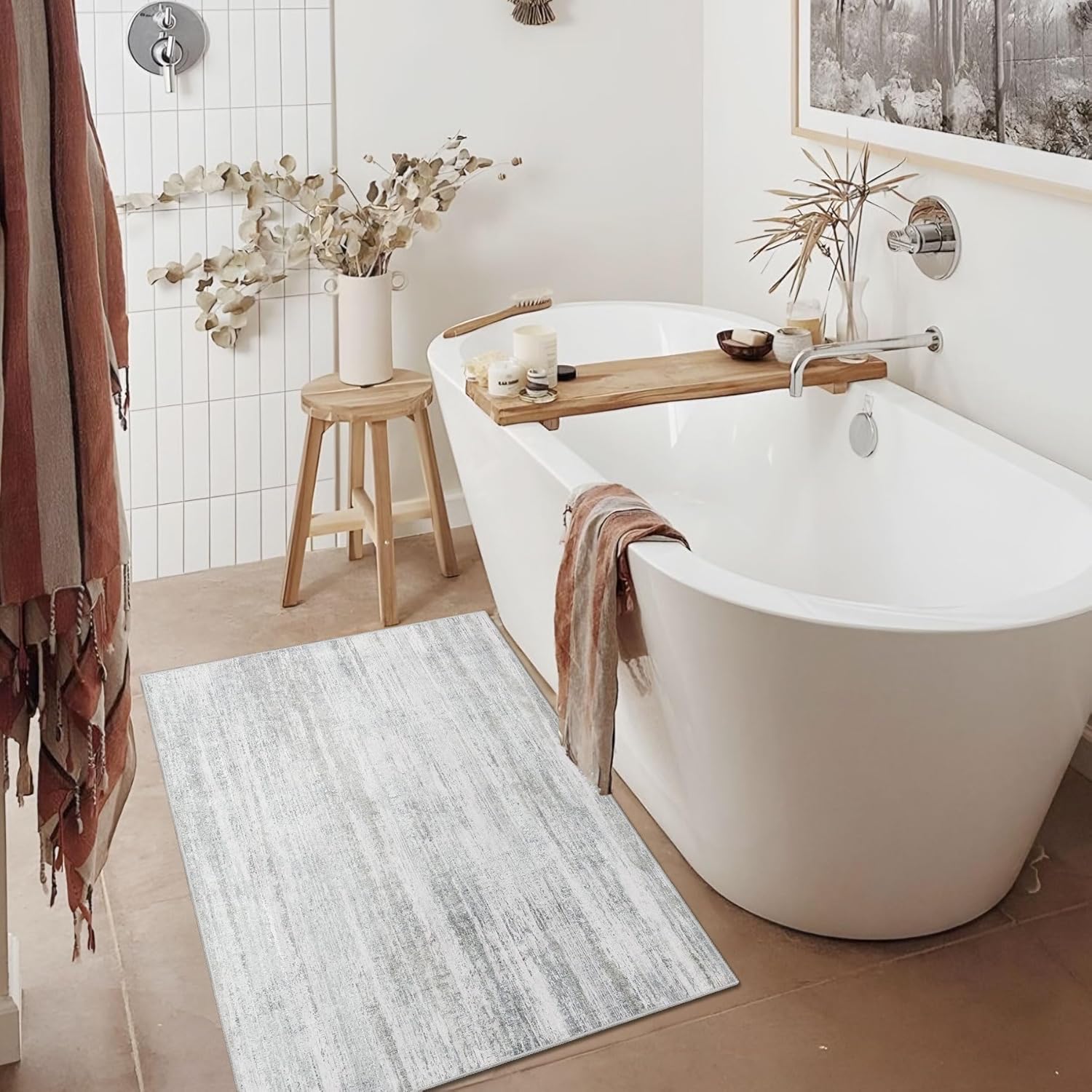 MUJOO Small Rug Washable,2x3 Area Rugs for Entryway Entry Entrance Bedroom Bathroom,Modern Abstract Low Pile Throw Rug,Front Door Mat Non Slip Accent Neutral Carpet Indoor Grey